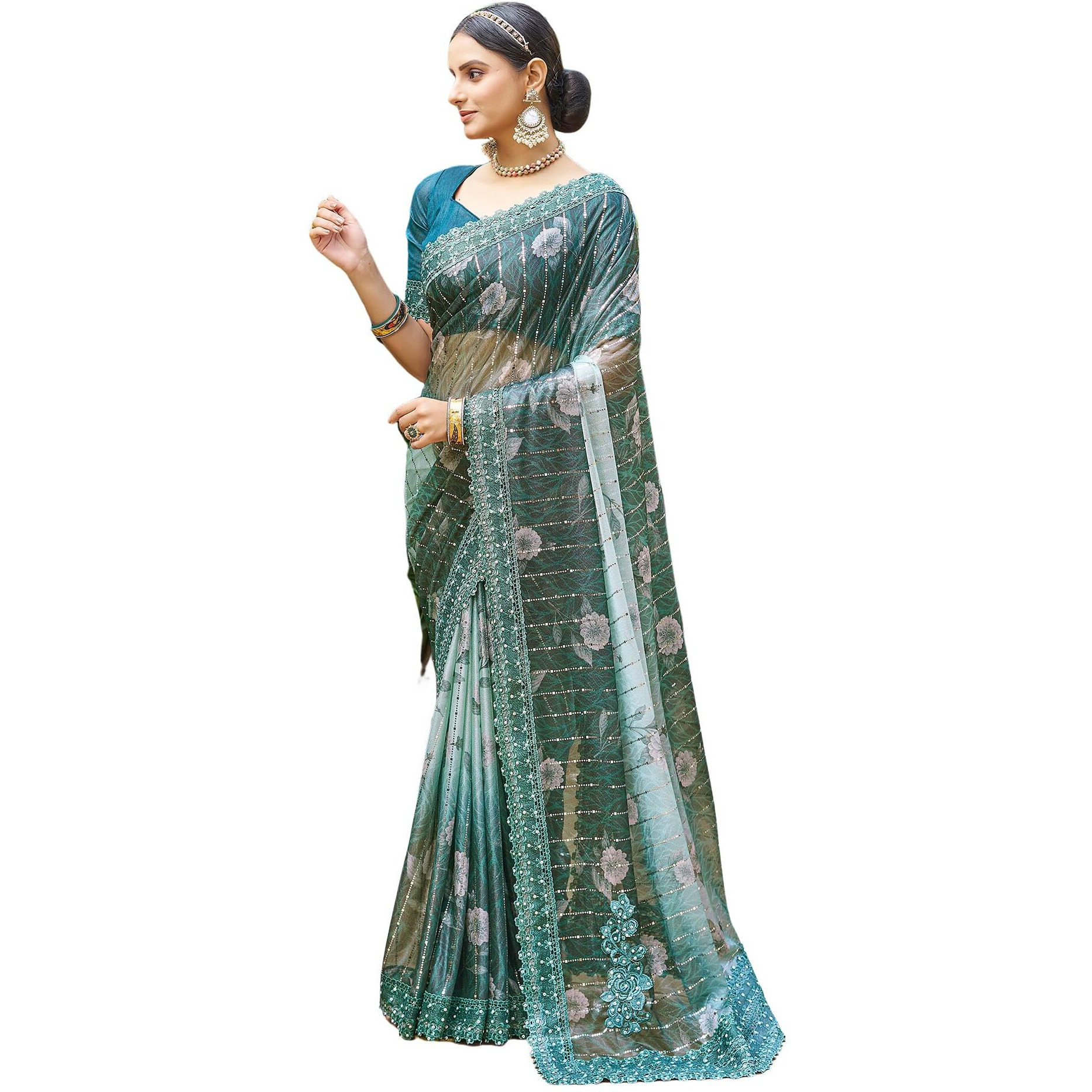 SIRIL Womens Lycra Floral Printed Lace Boarder Stone Work Saree With Unstitched Blouse Piece (3402S261_Teal Blue)