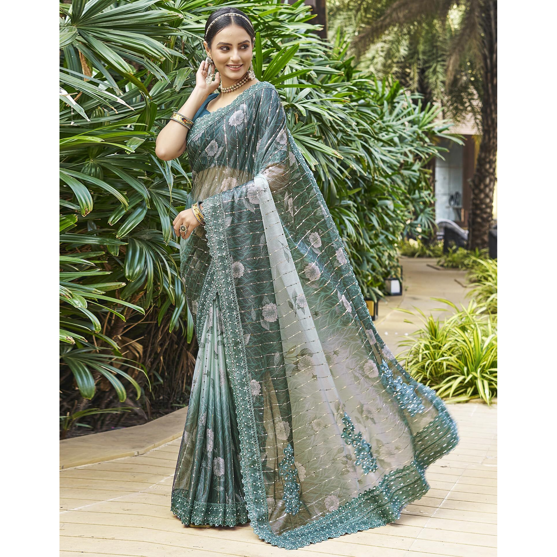 SIRIL Womens Lycra Floral Printed Lace Boarder Stone Work Saree With Unstitched Blouse Piece (3402S261_Teal Blue)
