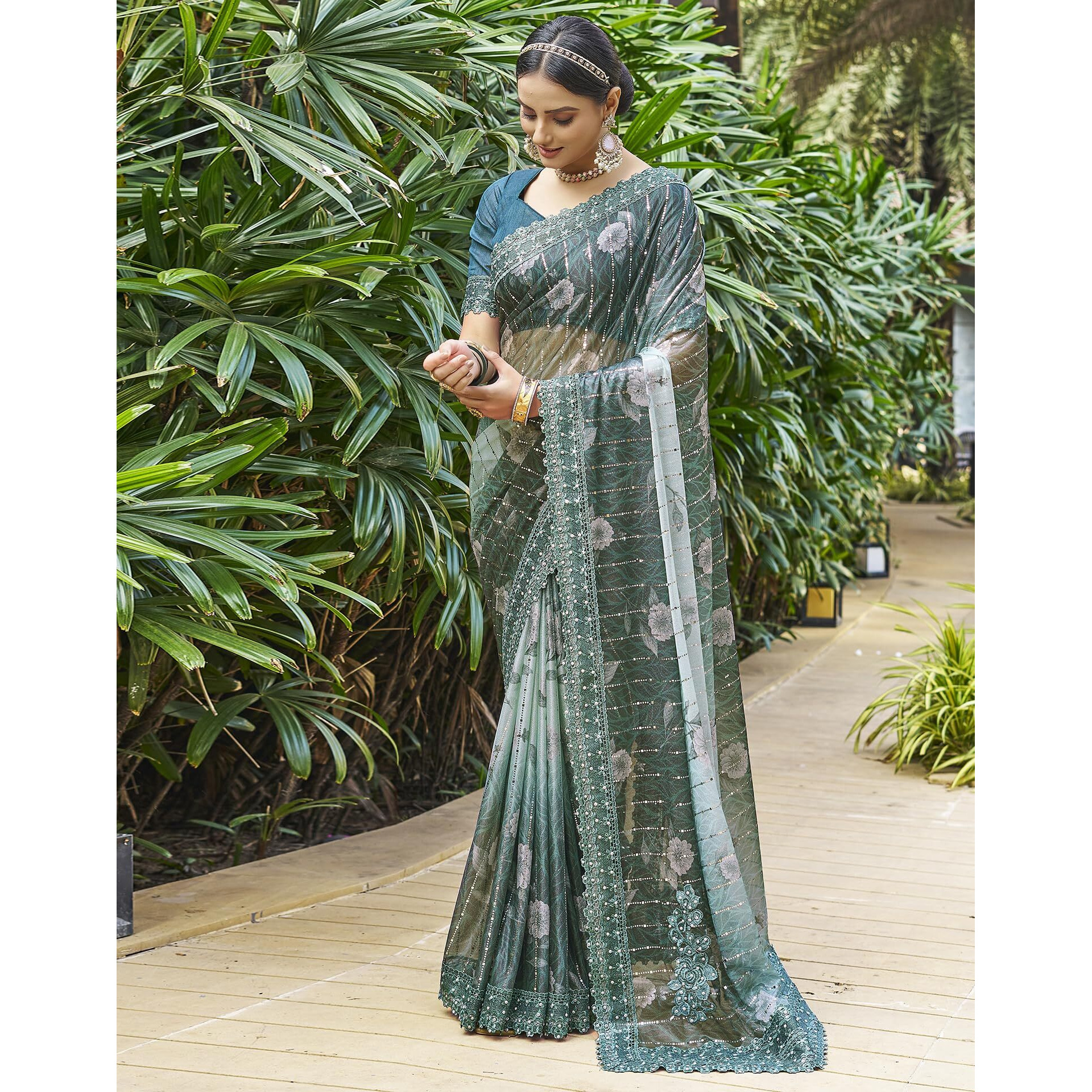 SIRIL Womens Lycra Floral Printed Lace Boarder Stone Work Saree With Unstitched Blouse Piece (3402S261_Teal Blue)