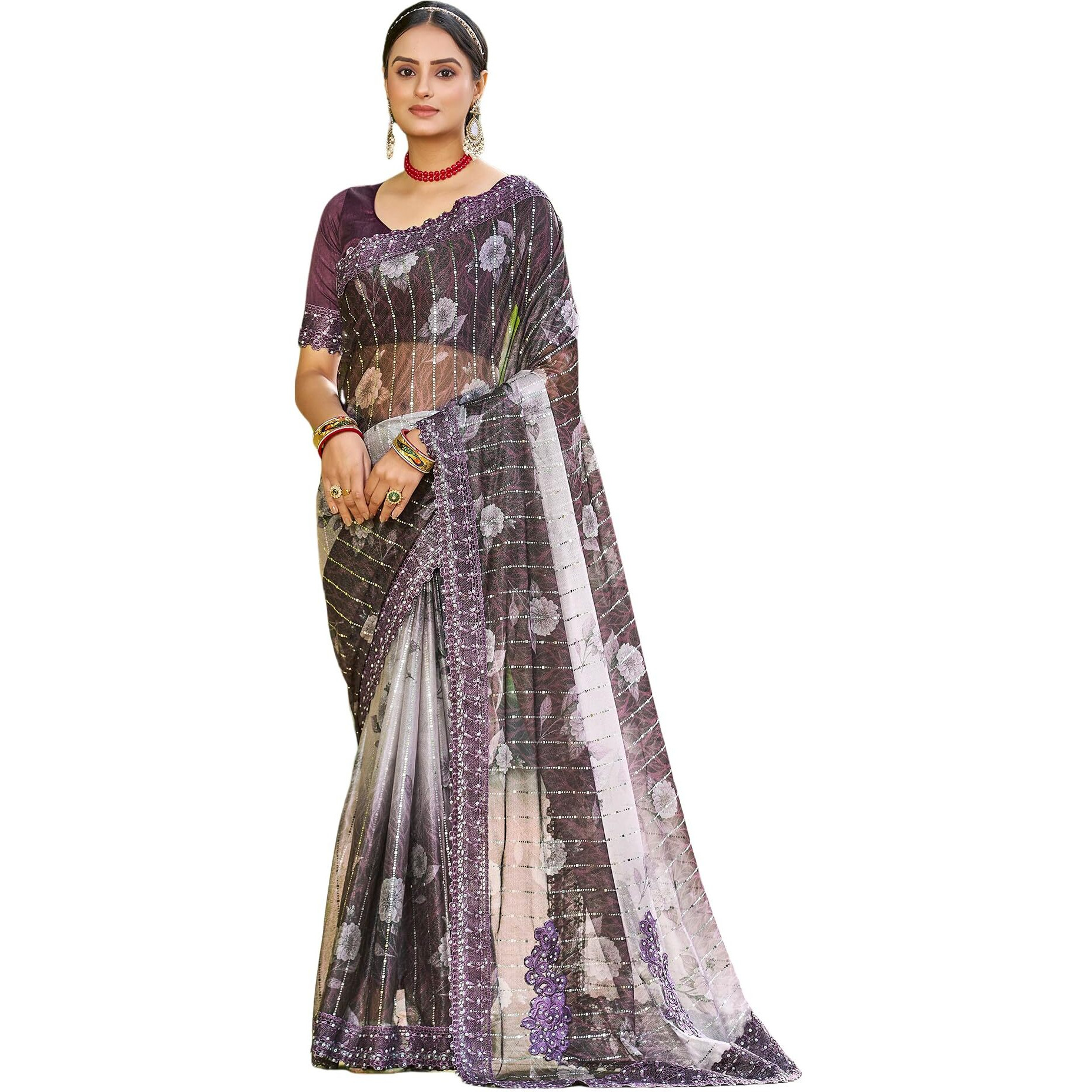 SIRIL Womens Lycra Floral Printed Lace Boarder Stone Work Saree With Unstitched Blouse Piece (3402S263_Wine)