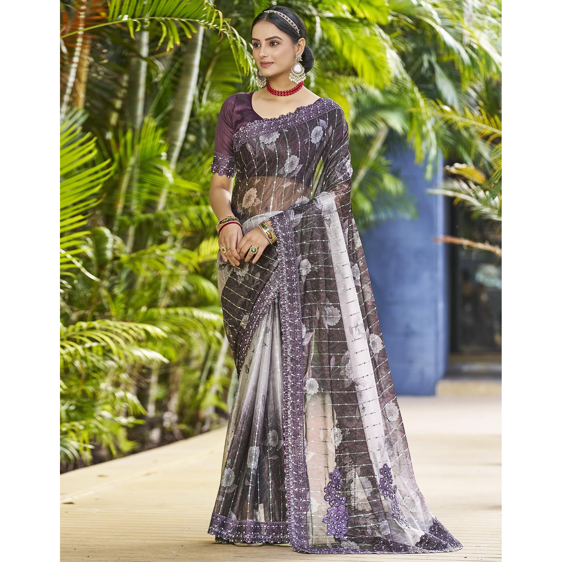 SIRIL Womens Lycra Floral Printed Lace Boarder Stone Work Saree With Unstitched Blouse Piece (3402S263_Wine)