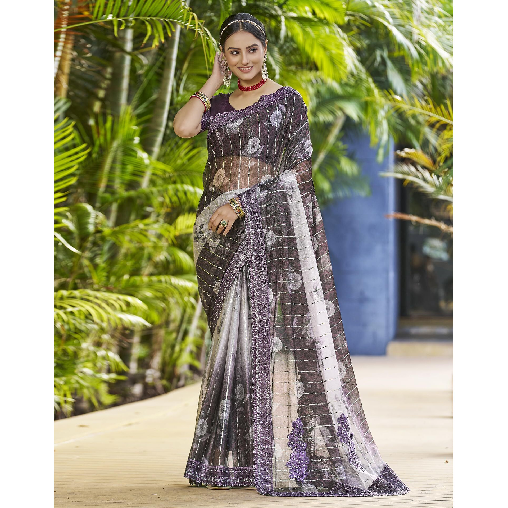SIRIL Womens Lycra Floral Printed Lace Boarder Stone Work Saree With Unstitched Blouse Piece (3402S263_Wine)
