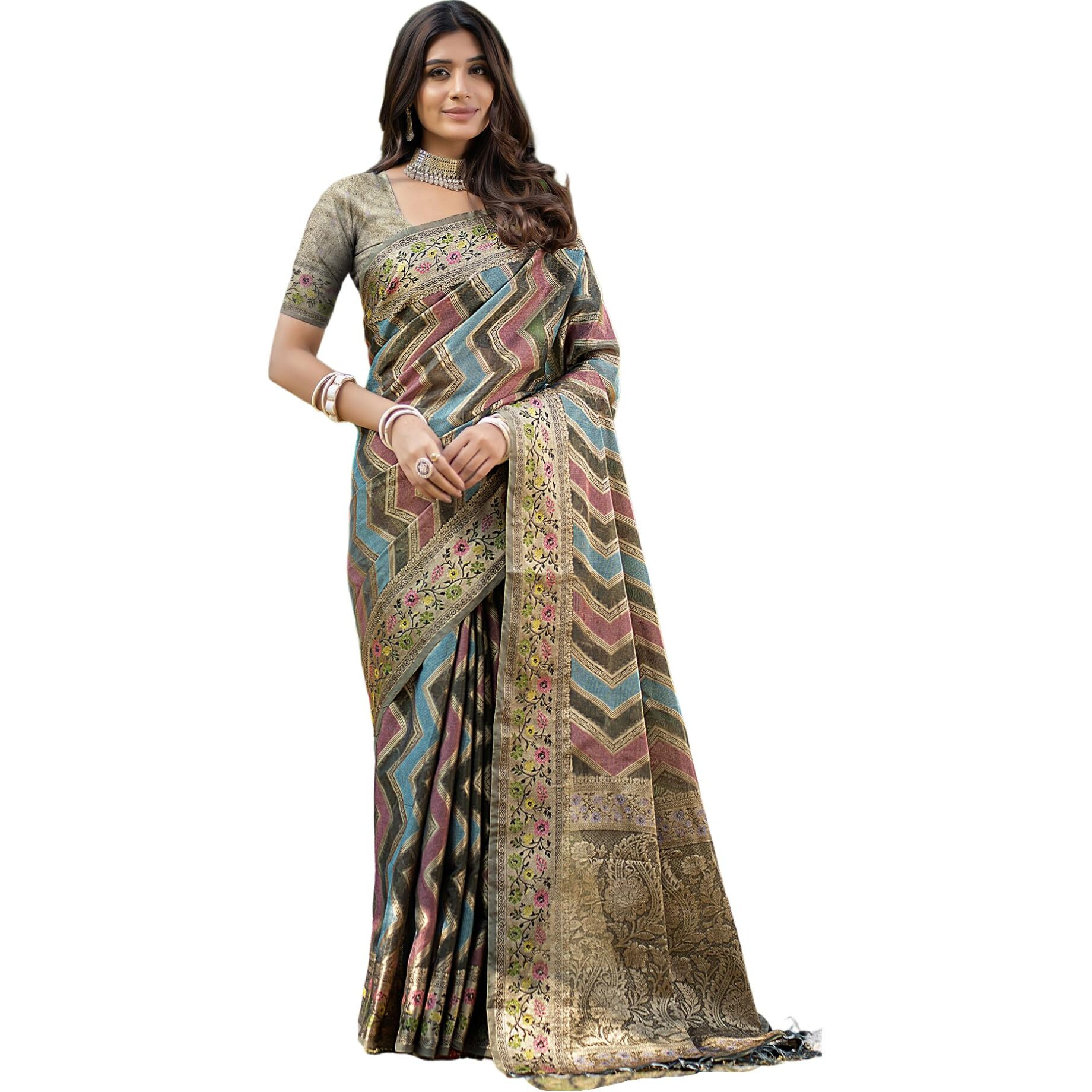 SIRIL Womens Organza Jacquard Saree With Unstitched Blouse Piece (3414S202_Mahendi Green)