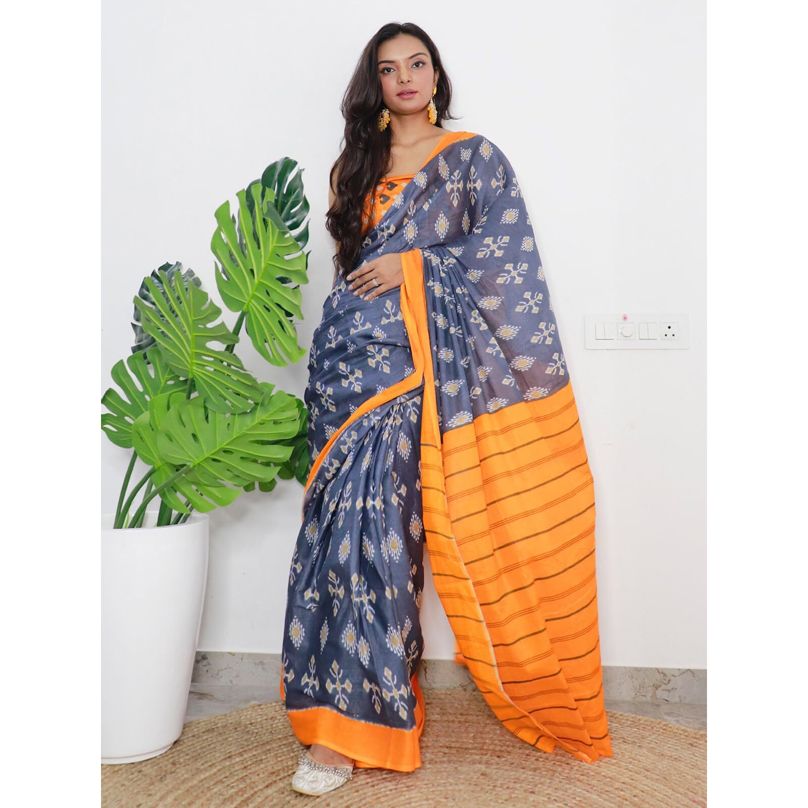 SIRIL Womens Printed Cotton Saree with Unstitched Blouse Piece (3323S276_Grey)