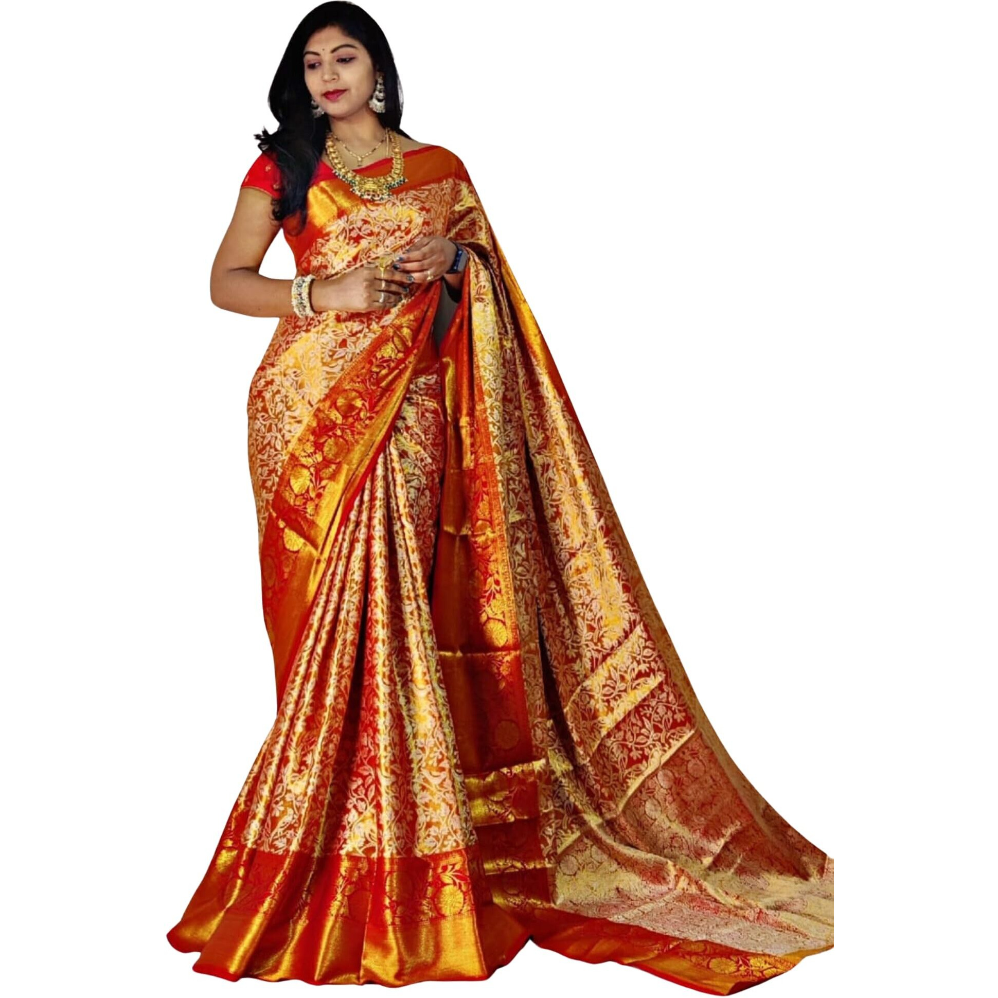 SGF11- Womens Kanjivaram Pure Soft Silk Handloom Saree Pure Golden Zari With Blouse Piece (Red)