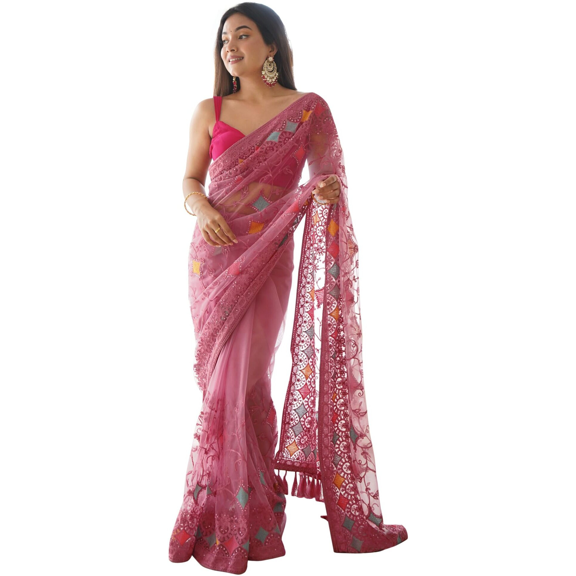 AKHILAM Womens Net Woven Design Saree With Unstitched Blouse Piece (Pink_AAVYA701_HV)