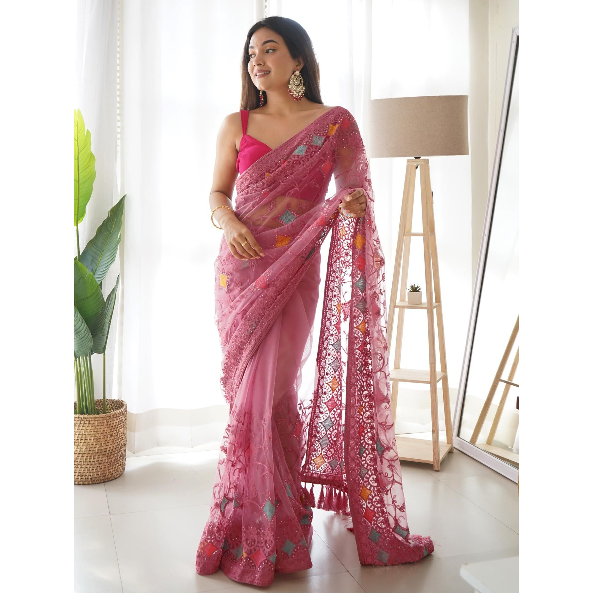 AKHILAM Womens Net Woven Design Saree With Unstitched Blouse Piece (Pink_AAVYA701_HV)
