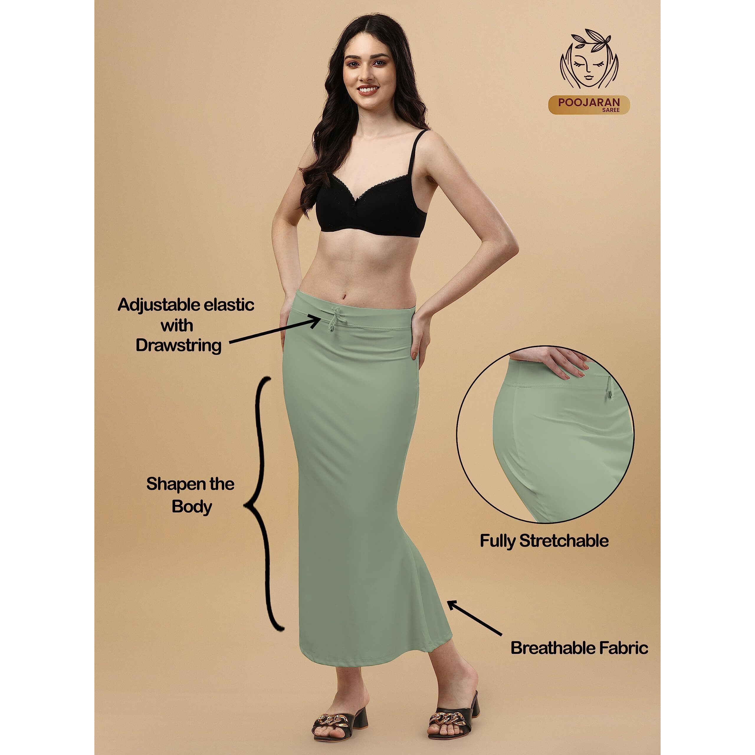 Cotton Lycra Saree Shapewear Petticoat for Women | Stretchable Saree Shaper Petticoat Inskirt | Shape wear Dress for Saree | Skirts (Medium, Pista)