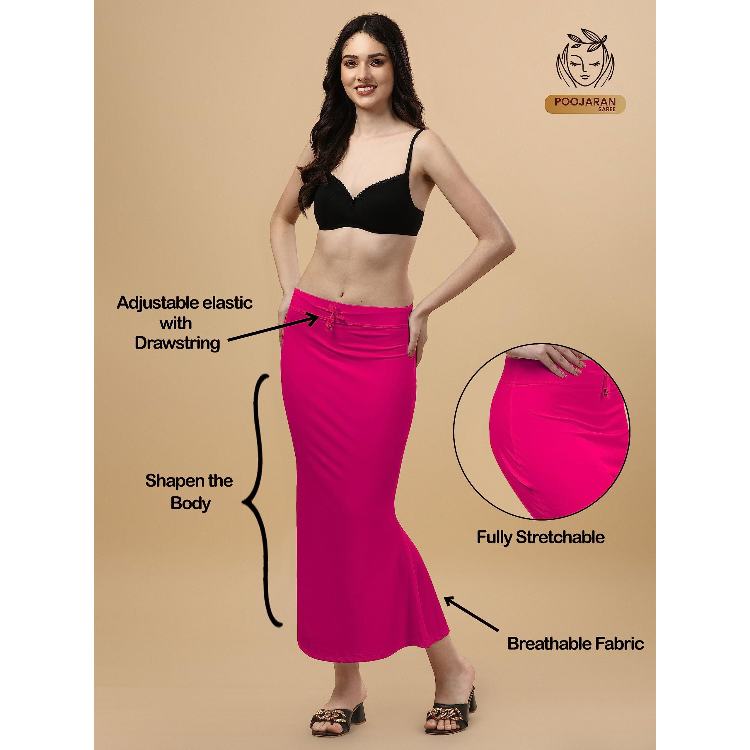 Cotton Lycra Saree Shapewear Petticoat for Women, Stretchable Saree Shaper Petticoat Inskirt, Shape wear Dress for Saree, Skirts (Small, Rani Pink)
