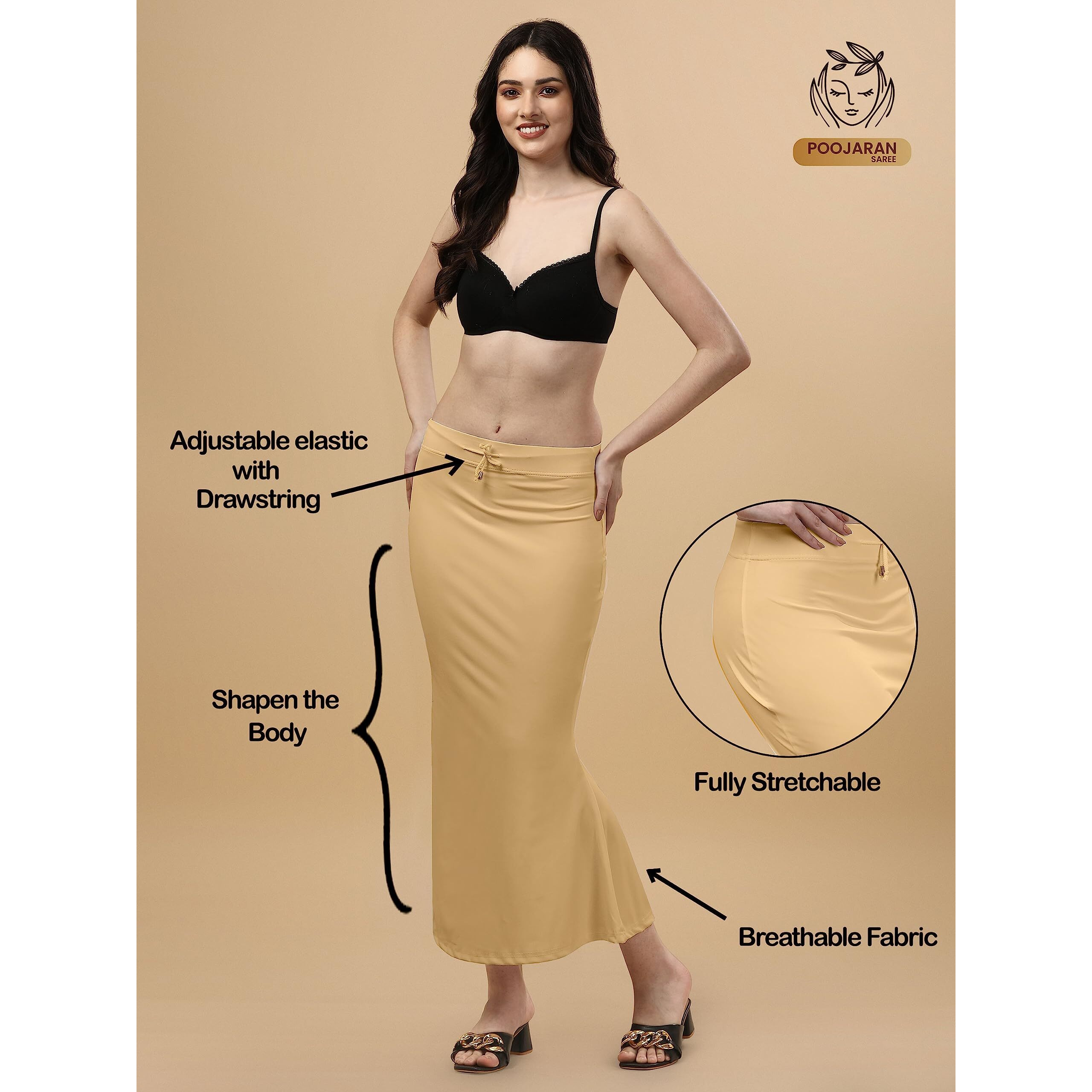 Cotton Lycra Saree Shapewear Petticoat for Women, Stretchable Saree Shaper Petticoat Inskirt, Shape wear Dress for Saree, Skirts (Large, Light Beige)