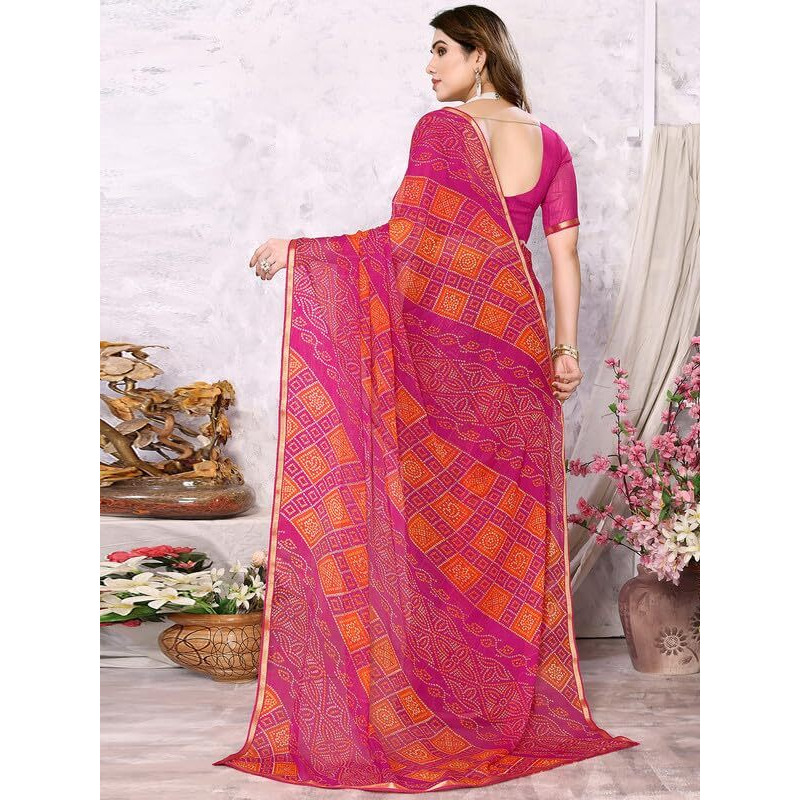 SIRIL Womens Bandhani Printed Chiffon Saree with Unstitched Blouse Piece (3218S212_Pink)
