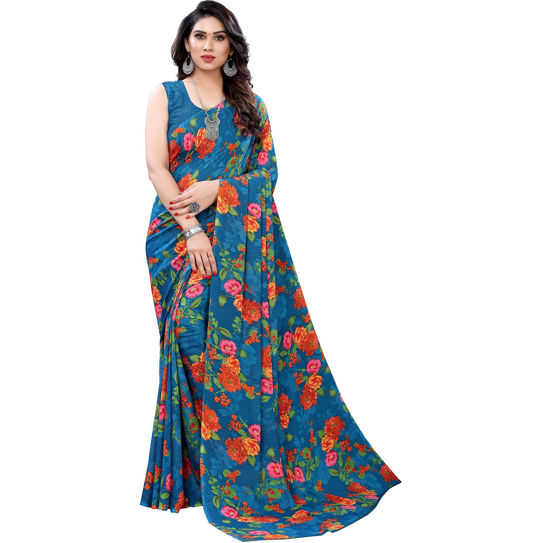 SIRIL Womens Floral Printed Georgette Saree with Blouse Combo Pack Of 2(1955S350_1926S306_Blue||Grey2)