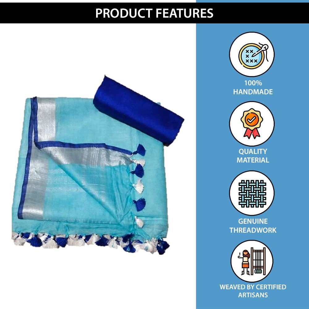 Anaya Handloom Womens Bhagalpuri Linen Saree With Blouse Piece (ANW0147_Blue, Sky Blue)