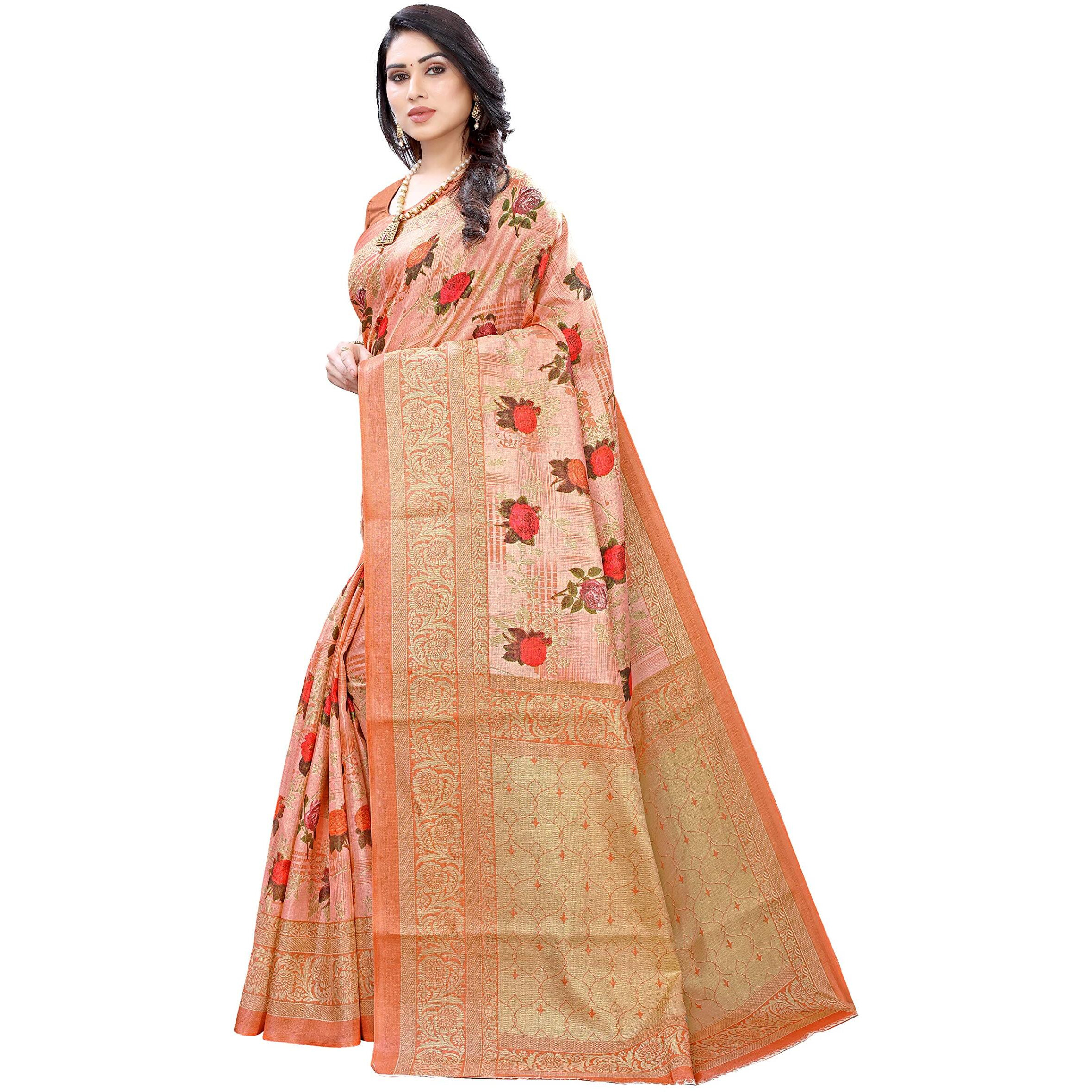 Yashika Womens Art Silk Woven Saree with Blouse Piece (PRITHAVI PEACH,Free Size)