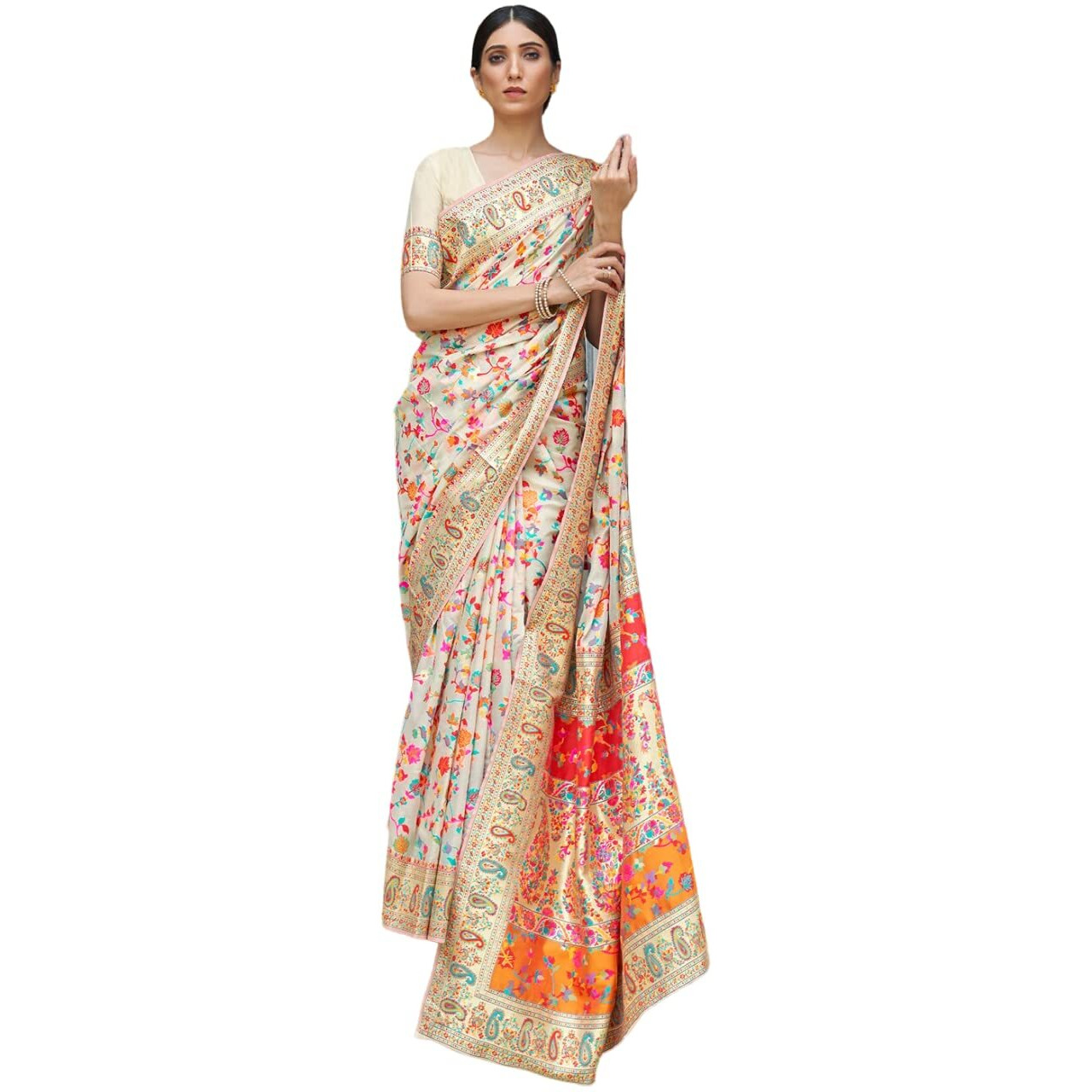 Amazon Brand - Anarva Womens Kashmiri Jamawar Woven Banarasi Silk Saree With Blouse Piece