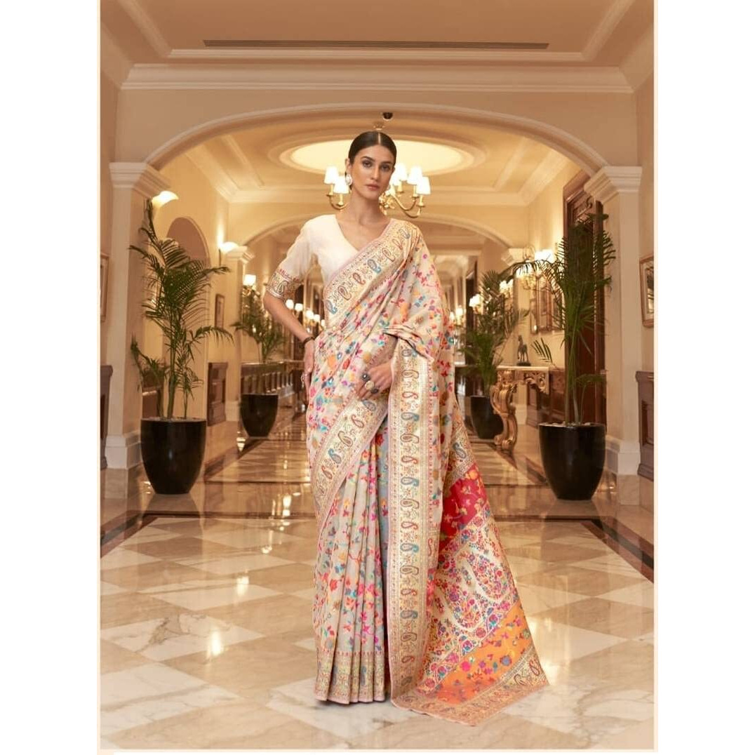 Amazon Brand - Anarva Womens Kashmiri Jamawar Woven Banarasi Silk Saree With Blouse Piece