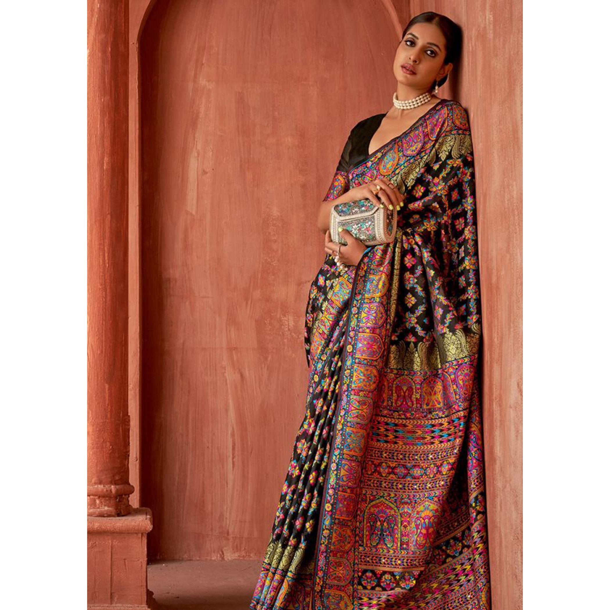 Amazon Brand - Anarva Womens Kashmiri Pashmina Jamawar Woven Banarasi Silk Saree With Blouse Piece(jamawar-black)