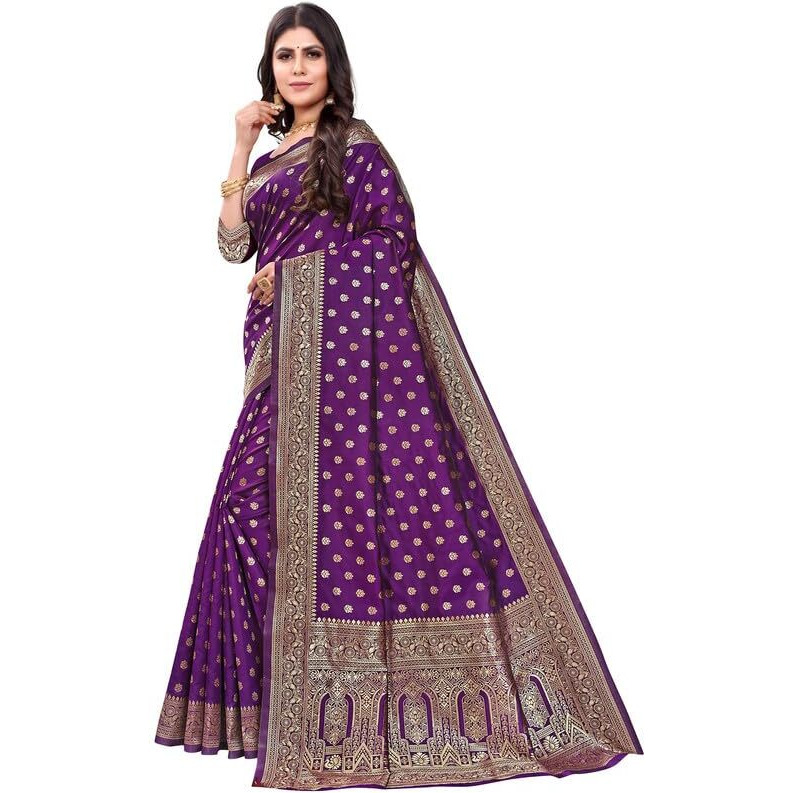 SIRIL Womens Art Silk Banarasi Jacquard Saree With Unstitched Blouse Piece (3412S158A_Dark Purple)