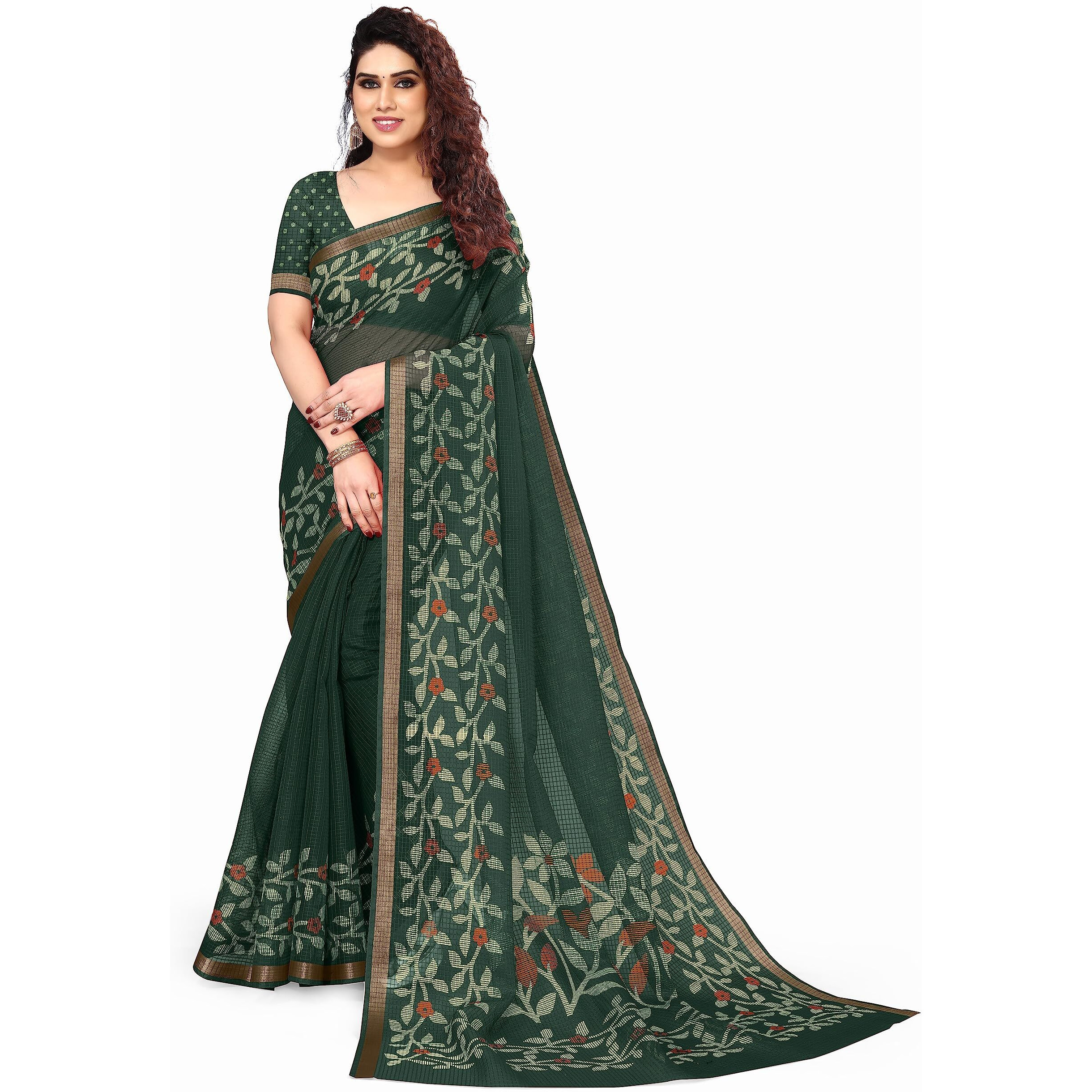 MIRCHI FASHION Womens Kota Doriya Cotton Blend Floral Printed Saree with Blouse Piece (38854-Green, Cream)