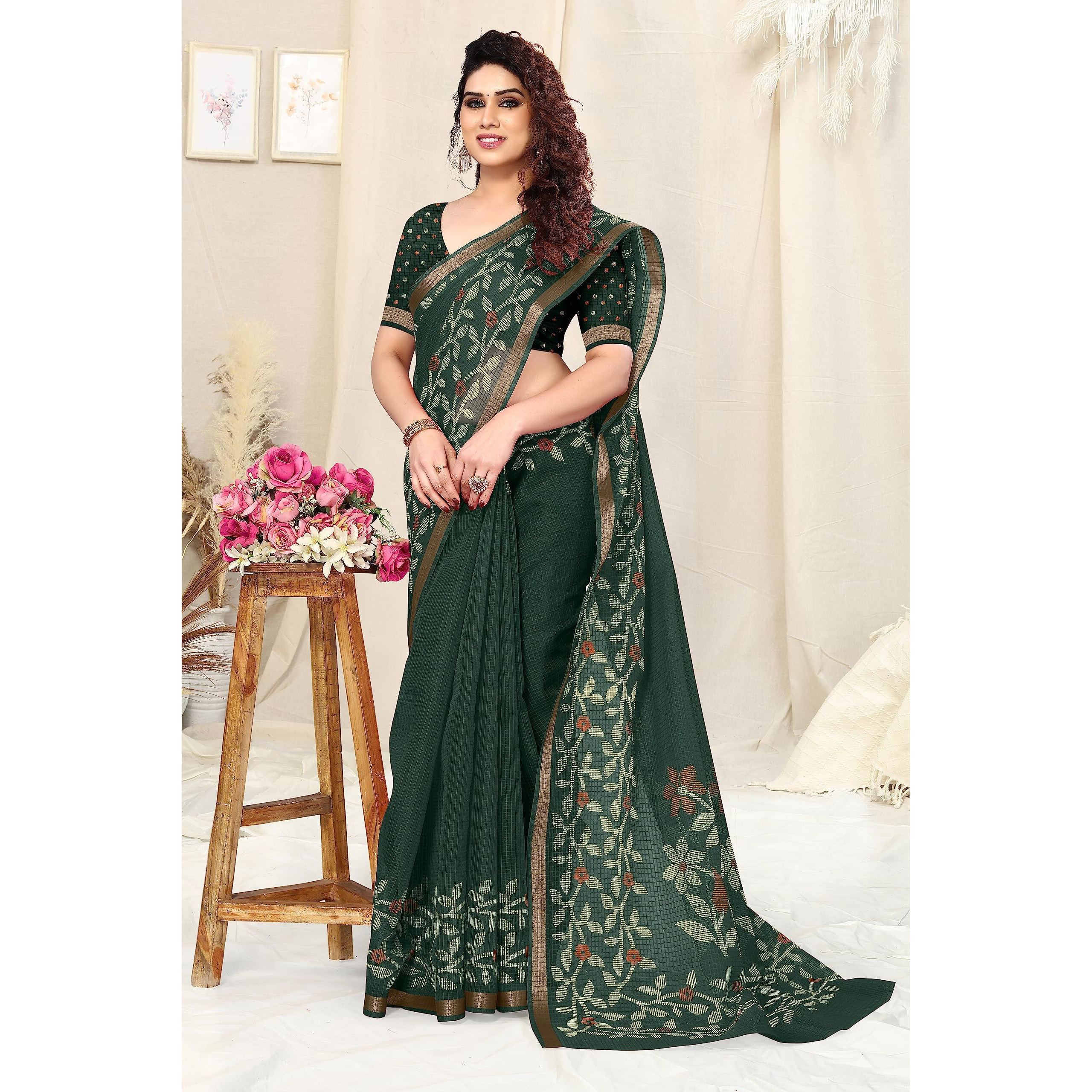 MIRCHI FASHION Womens Kota Doriya Cotton Blend Floral Printed Saree with Blouse Piece (38854-Green, Cream)