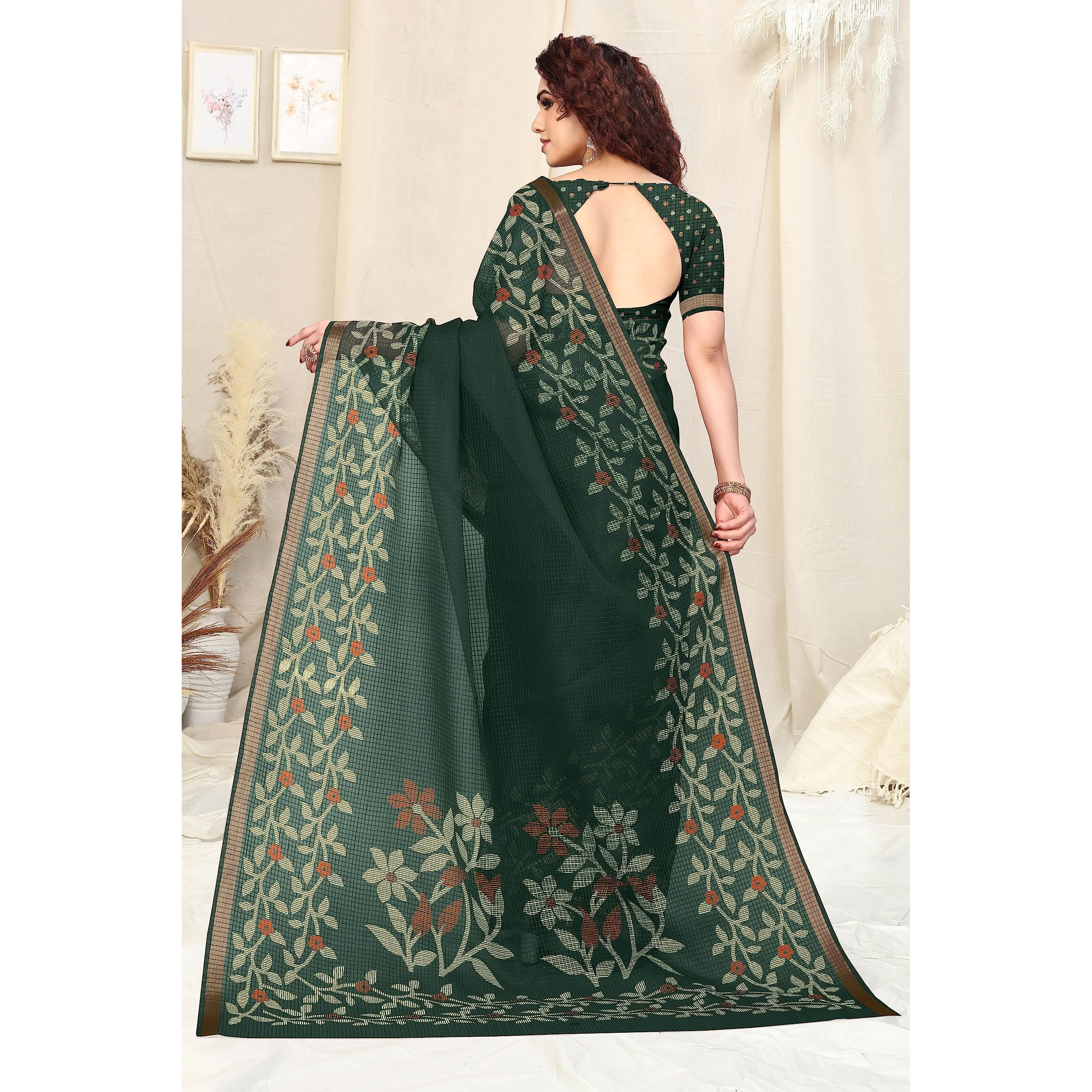 MIRCHI FASHION Womens Kota Doriya Cotton Blend Floral Printed Saree with Blouse Piece (38854-Green, Cream)