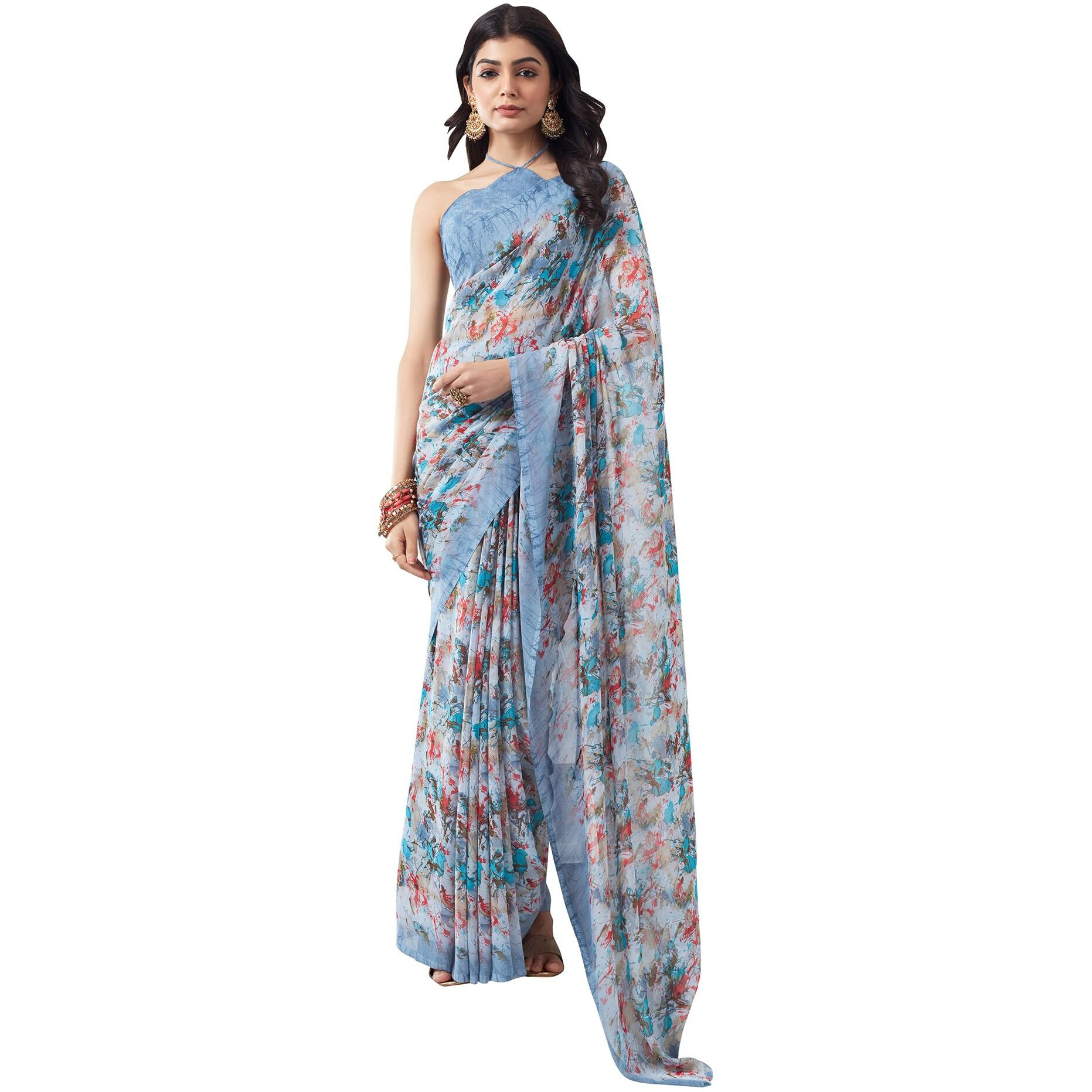 SIRIL Womens Georgette Printed Saree With Unstitched Blouse Piece (3451S1095_Light Grey)