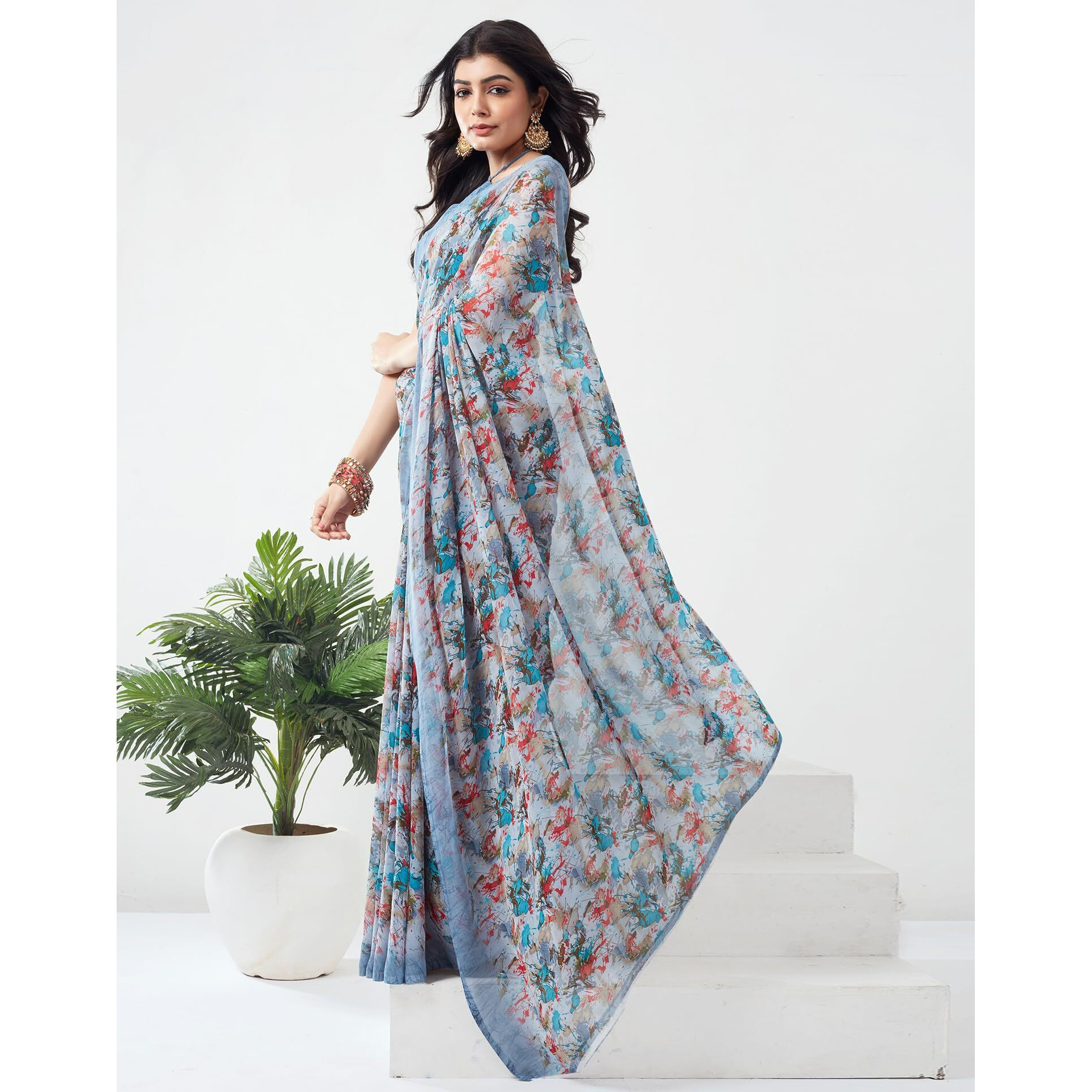 SIRIL Womens Georgette Printed Saree With Unstitched Blouse Piece (3451S1095_Light Grey)