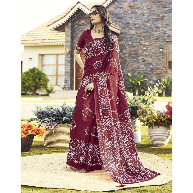 SIRIL Womens Cotton Printed Ready To Wear Saree With Unstitched Blouse Piece (7RS103_Maroon)