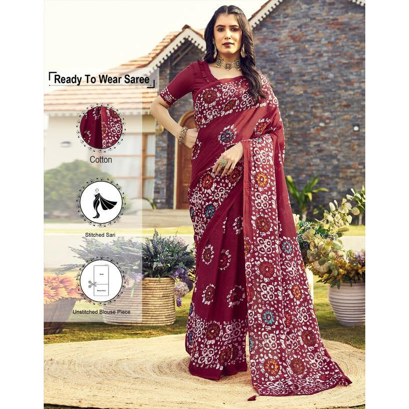 SIRIL Womens Cotton Printed Ready To Wear Saree With Unstitched Blouse Piece (7RS103_Maroon)