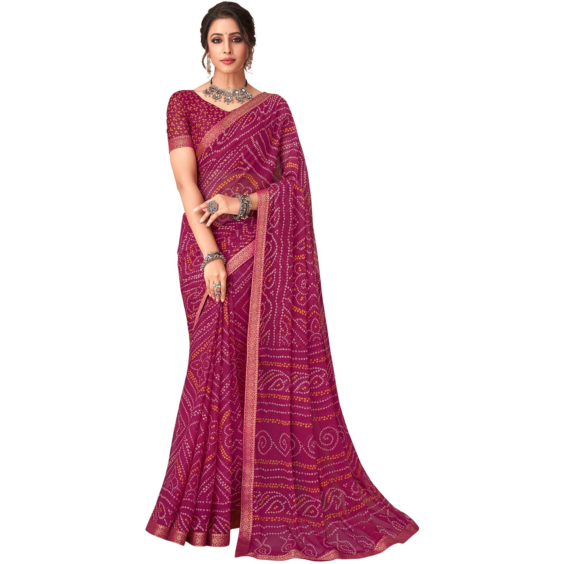 AKHILAM Womens Embellished Lace work Chiffon Bandhani Saree With Unstitched Blouse Piece (Magenta_SIMYA25801B_TFH)