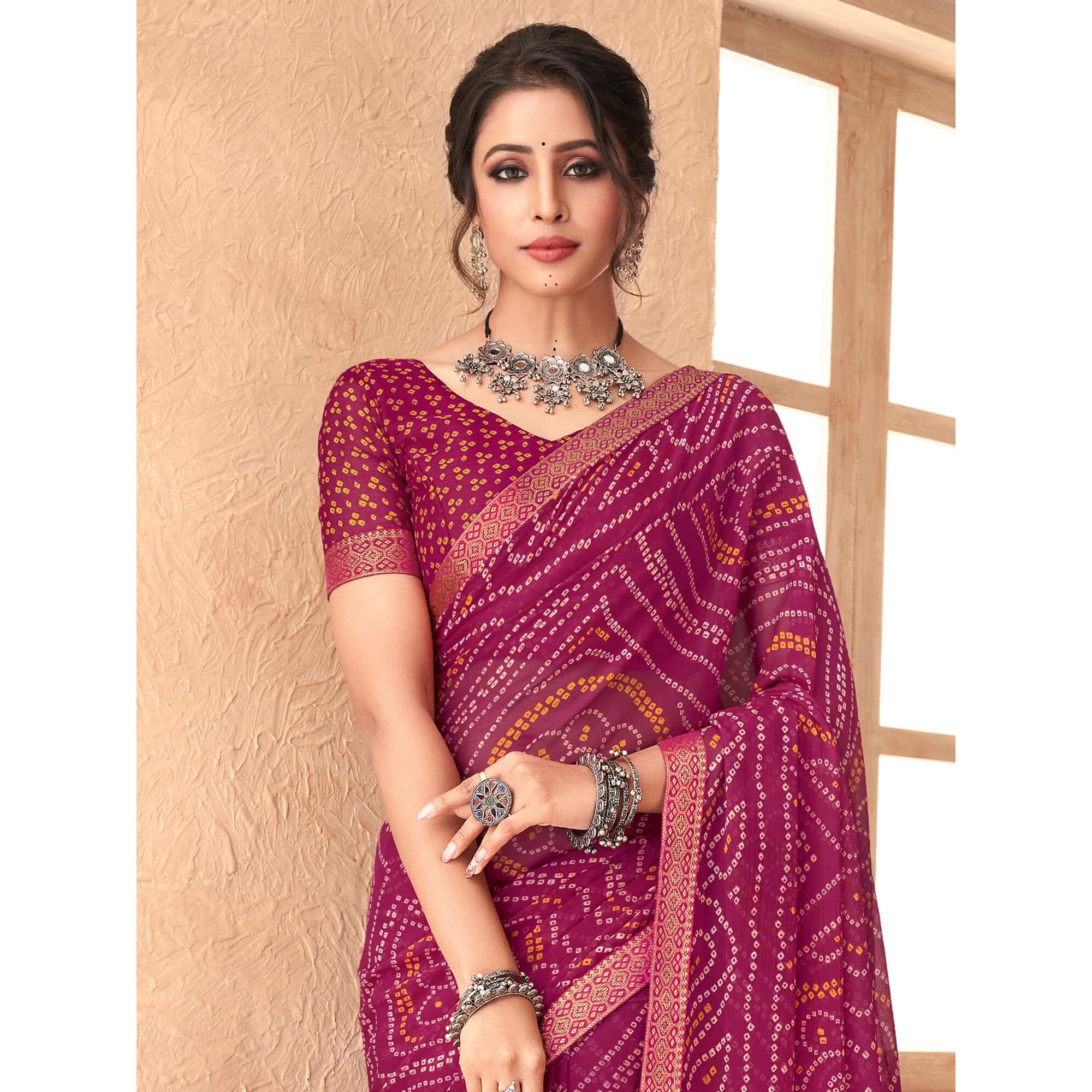 AKHILAM Womens Embellished Lace work Chiffon Bandhani Saree With Unstitched Blouse Piece (Magenta_SIMYA25801B_TFH)