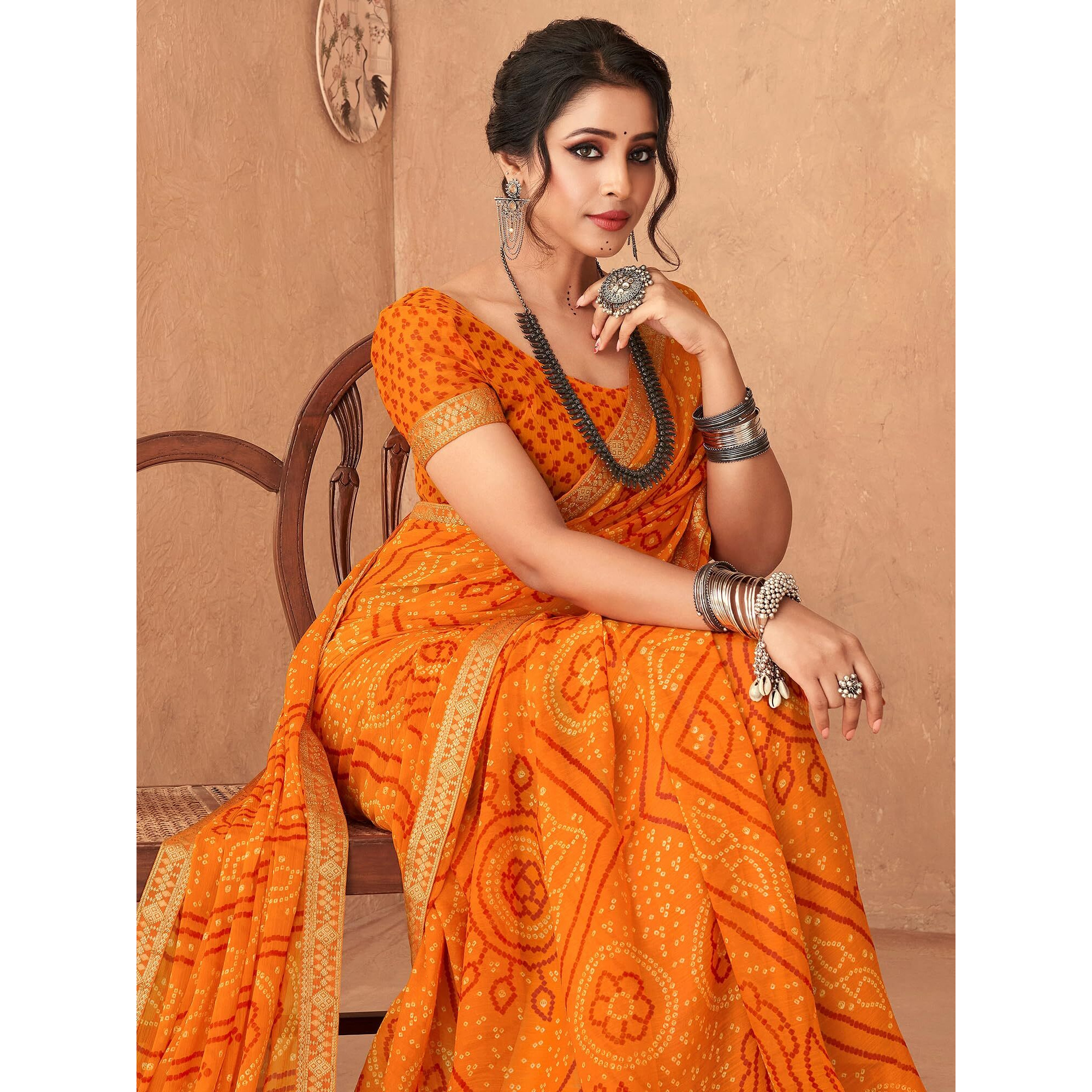 AKHILAM Womens Embellished Lace work Chiffon Bandhani Saree With Unstitched Blouse Piece (Yellow_SIMYA25802B_TFH)