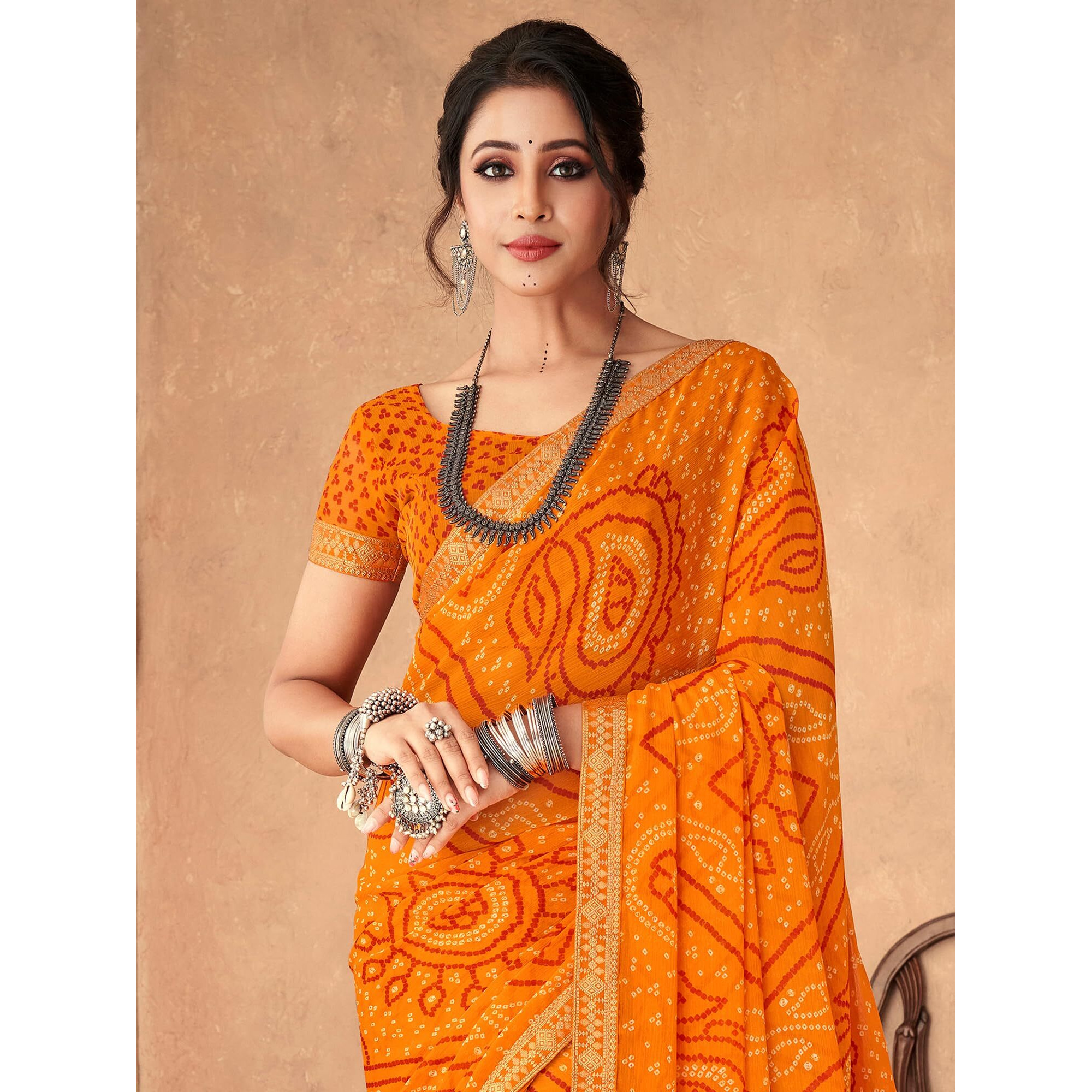 AKHILAM Womens Embellished Lace work Chiffon Bandhani Saree With Unstitched Blouse Piece (Yellow_SIMYA25802B_TFH)