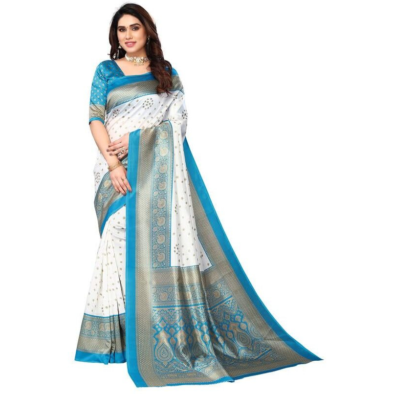 Satrani Womens Silk Blend Saree (2952S2081NC_White & Blue & Beige)