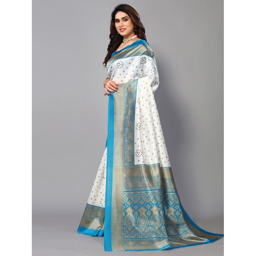 Satrani Womens Silk Blend Saree (2952S2081NC_White & Blue & Beige)