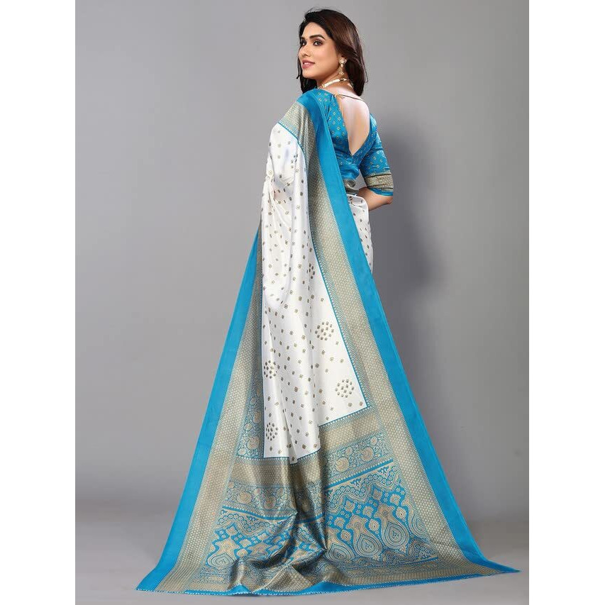 Satrani Womens Silk Blend Saree (2952S2081NC_White & Blue & Beige)