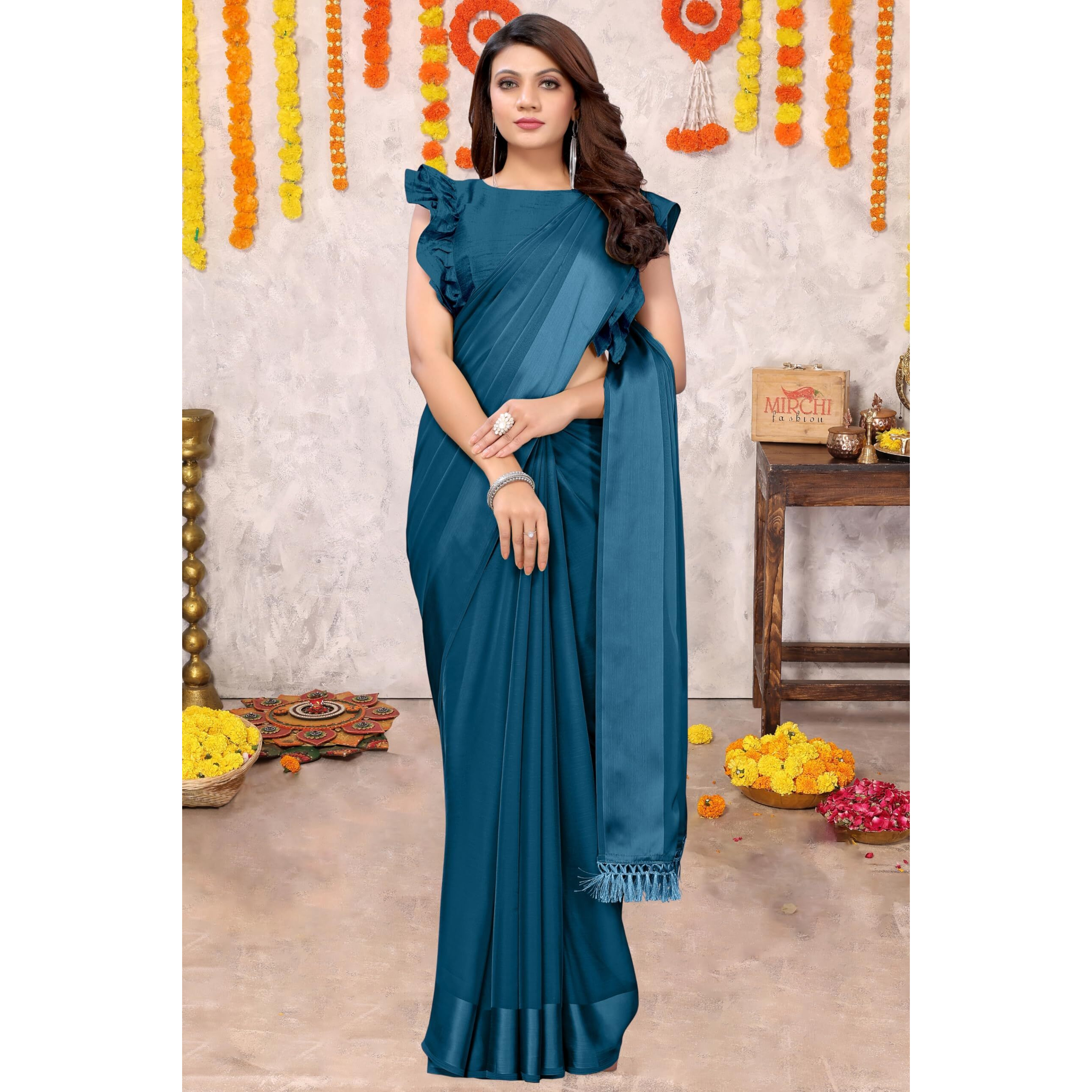 MIRCHI FASHION Womens Satin Chiffon Solid Saree with Blouse Piece (41033-Dark Rama Blue)