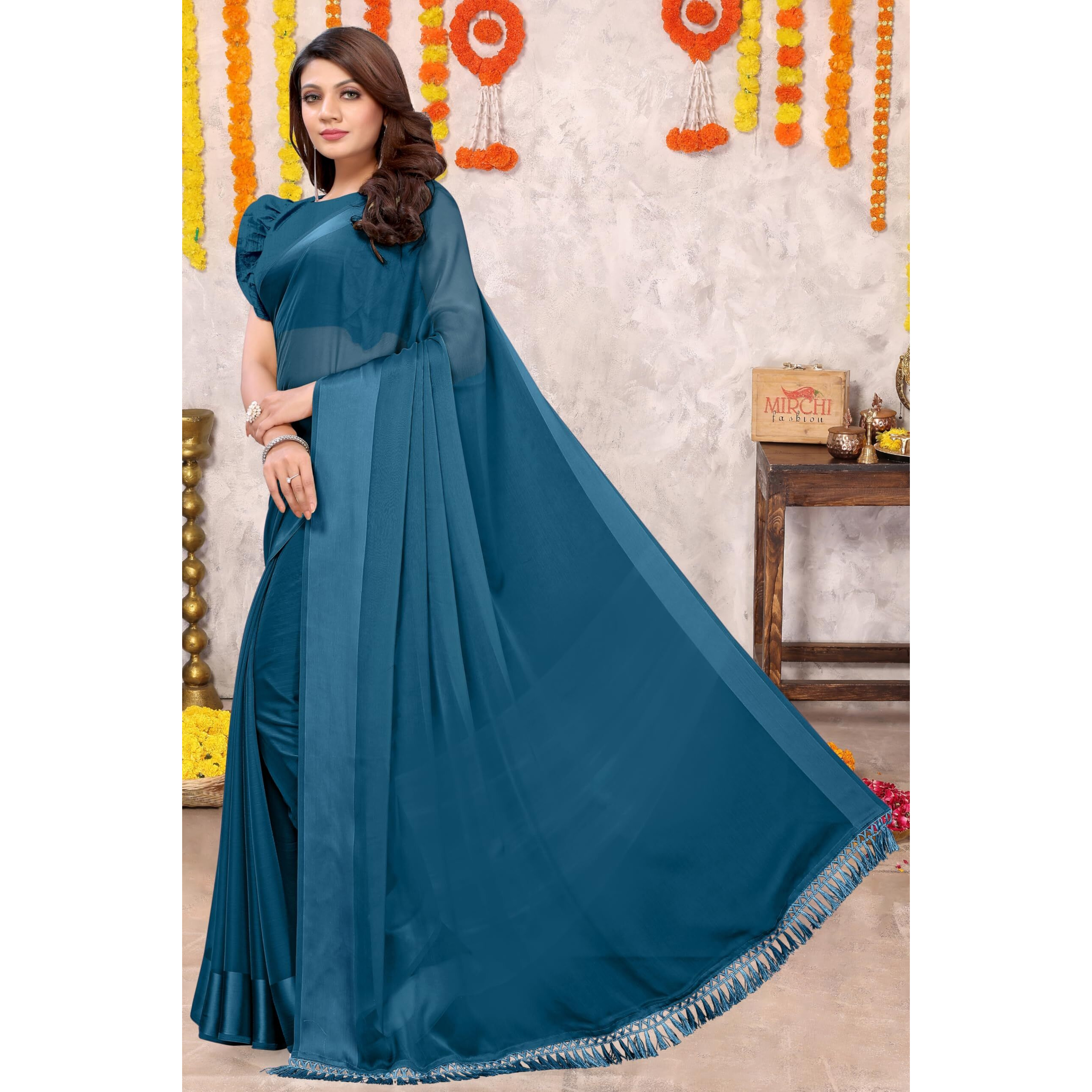 MIRCHI FASHION Womens Satin Chiffon Solid Saree with Blouse Piece (41033-Dark Rama Blue)