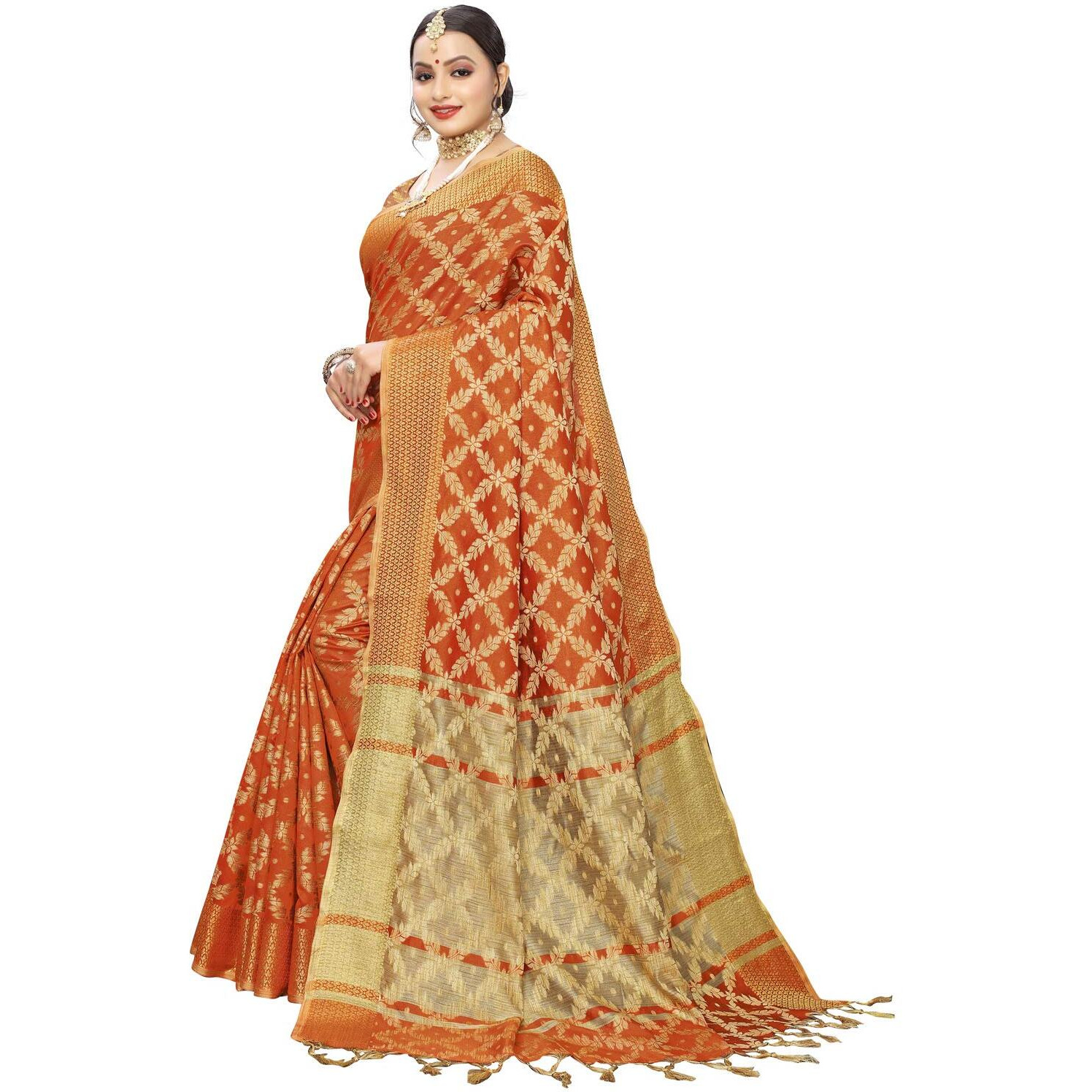 SIRIL Womens Silk Blend Woven Design Kanjeevaram Saree with Blouse (1415S152 Orange Banarasi)