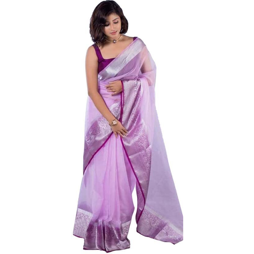 SIRIL Womens Jacquard Border & Dyed Organza Saree with Unstitched Blouse Piece(2844S144_Light Purple)