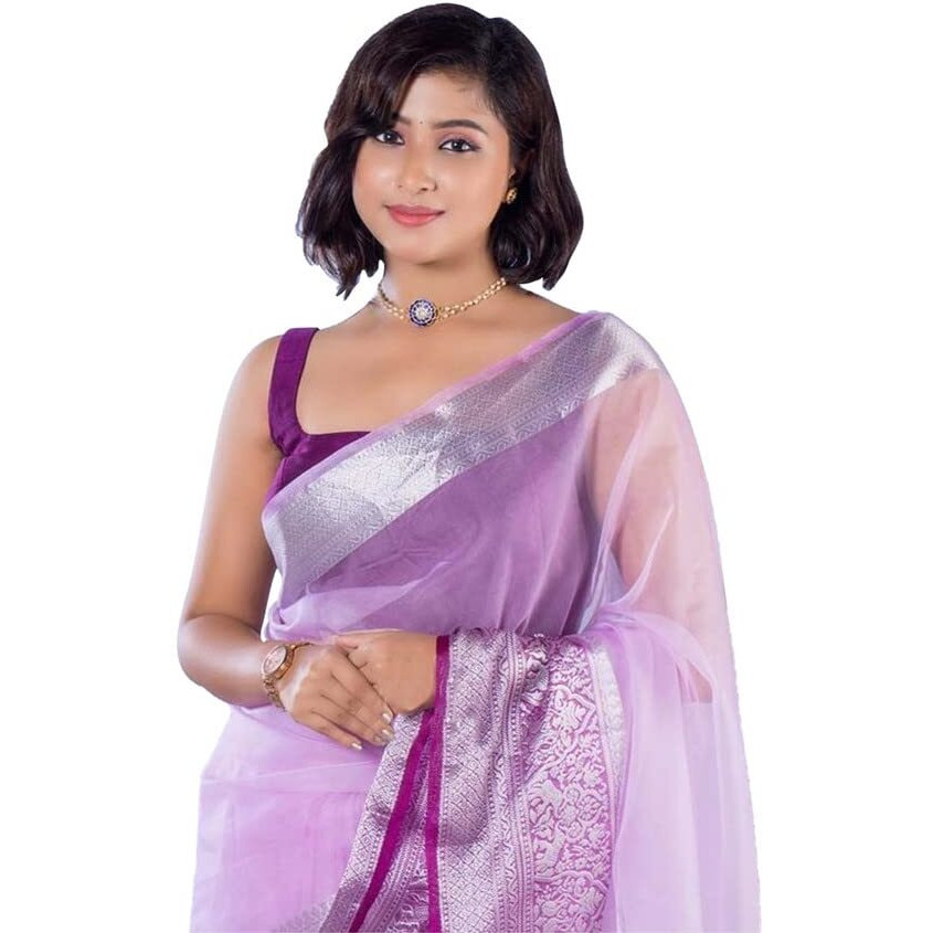 SIRIL Womens Jacquard Border & Dyed Organza Saree with Unstitched Blouse Piece(2844S144_Light Purple)