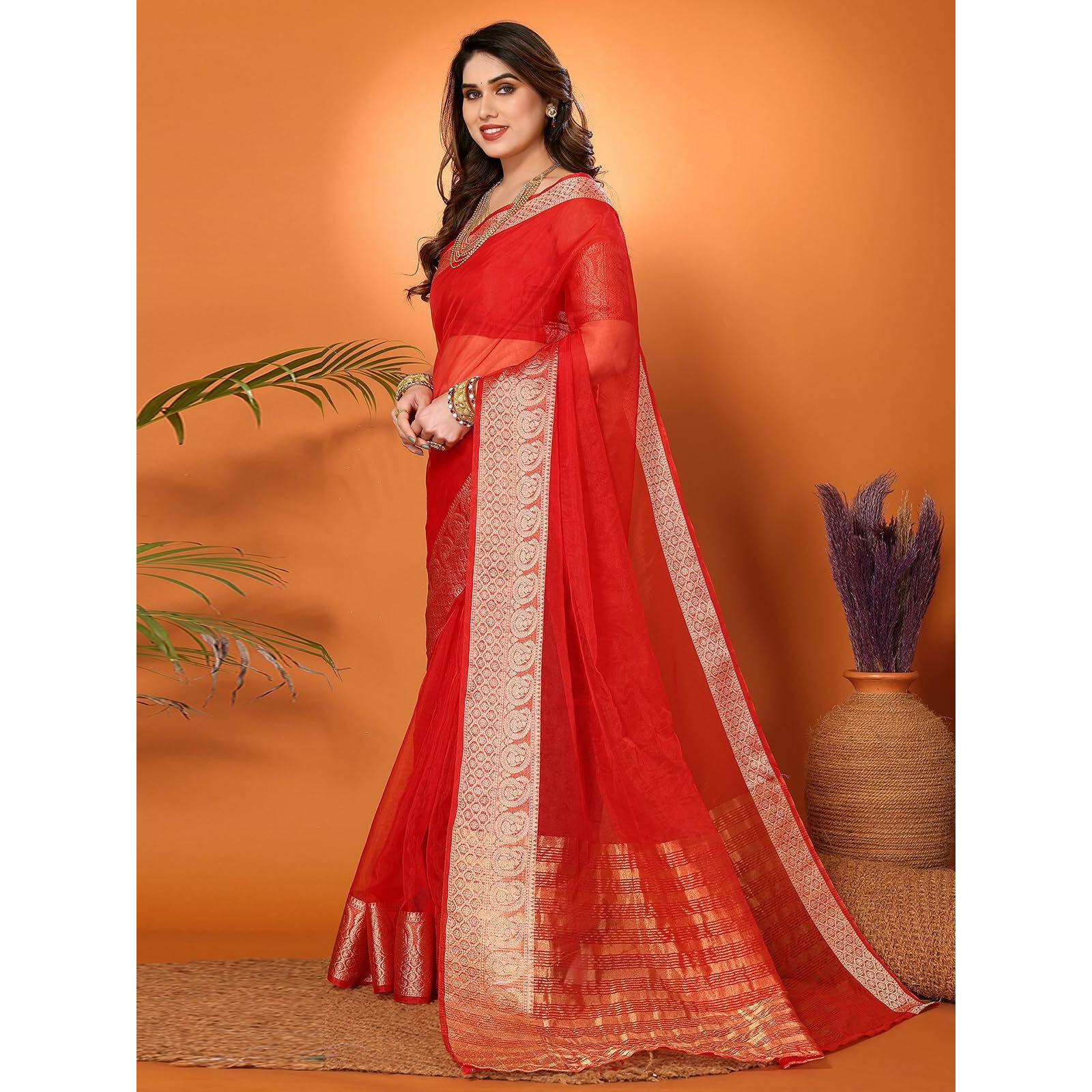 SIRIL Womens Jacquard Border Organza Saree with Unstitched Blouse Piece (3276S251A_Red)