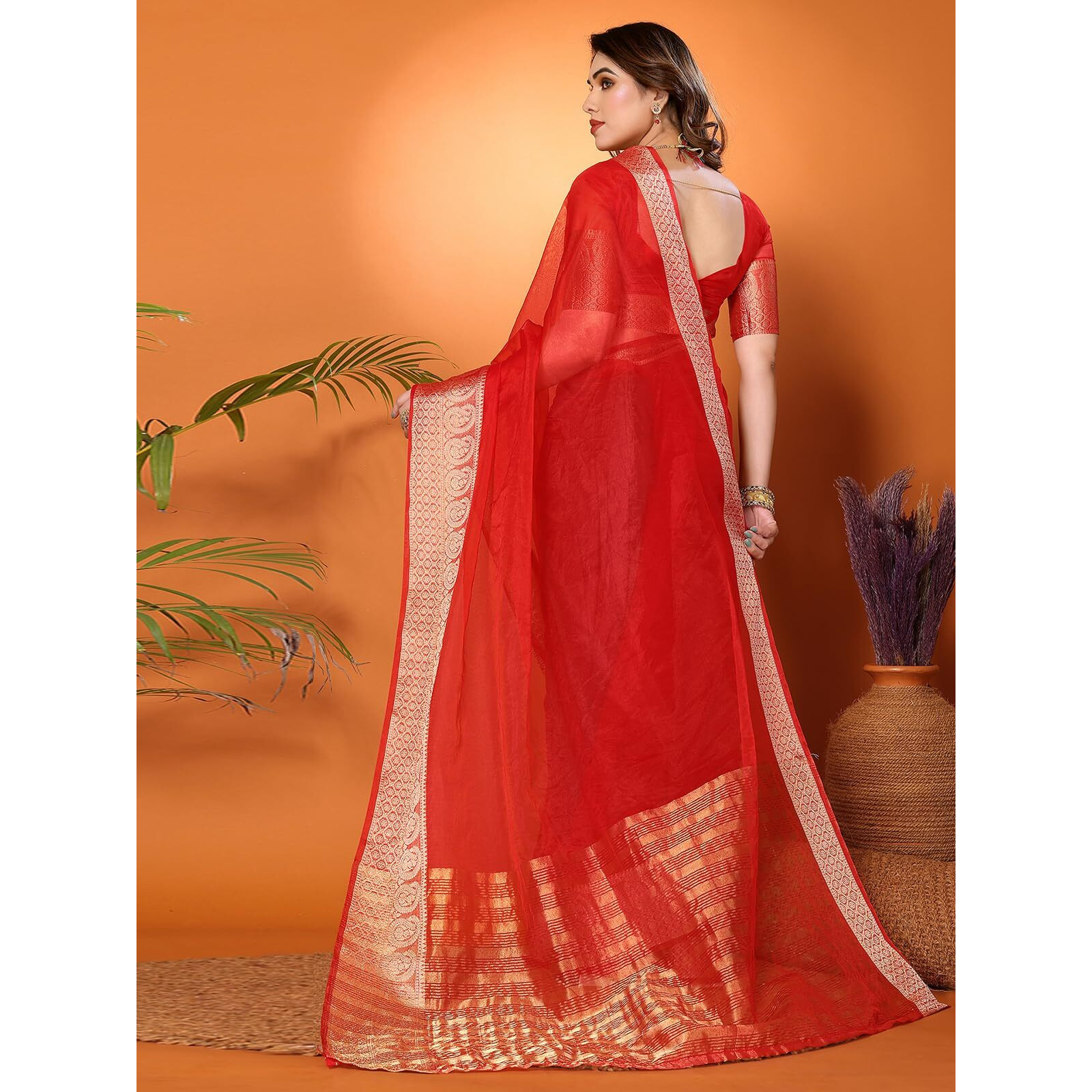 SIRIL Womens Jacquard Border Organza Saree with Unstitched Blouse Piece (3276S251A_Red)