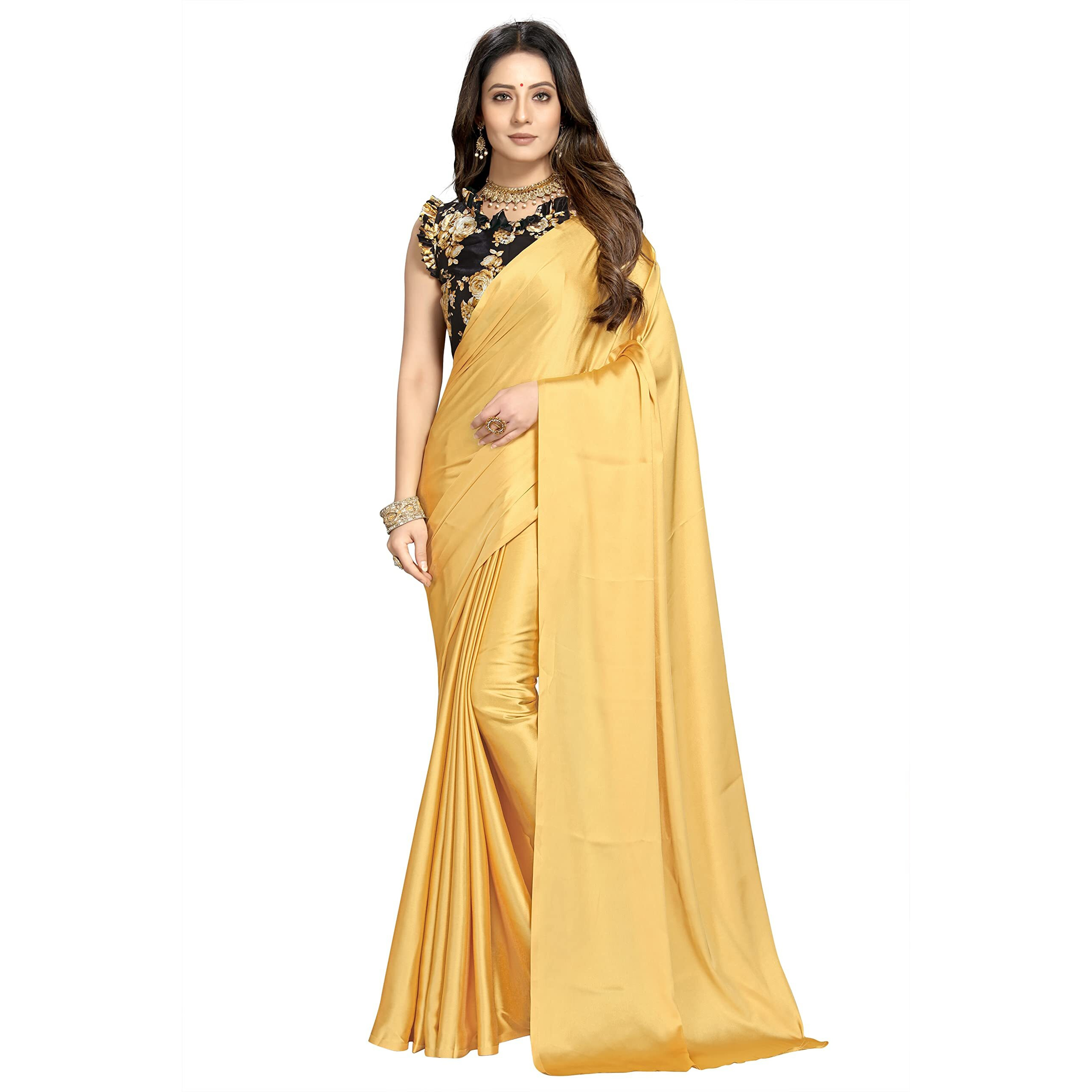 Kaugalian store Soft Satin Silk Saree for Girls and Women with Designer Digital Printed Blouse Piece - Golden