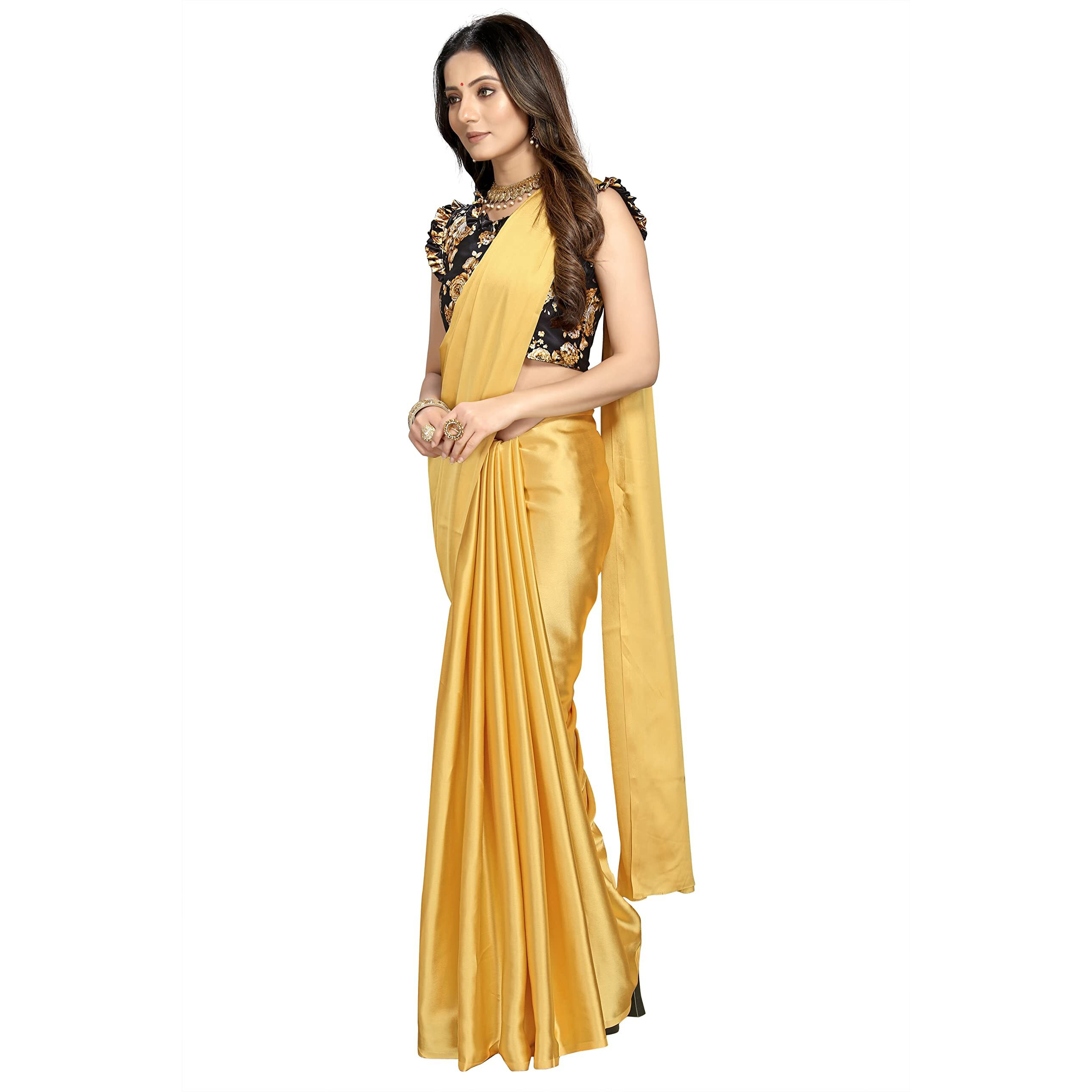 Kaugalian store Soft Satin Silk Saree for Girls and Women with Designer Digital Printed Blouse Piece - Golden