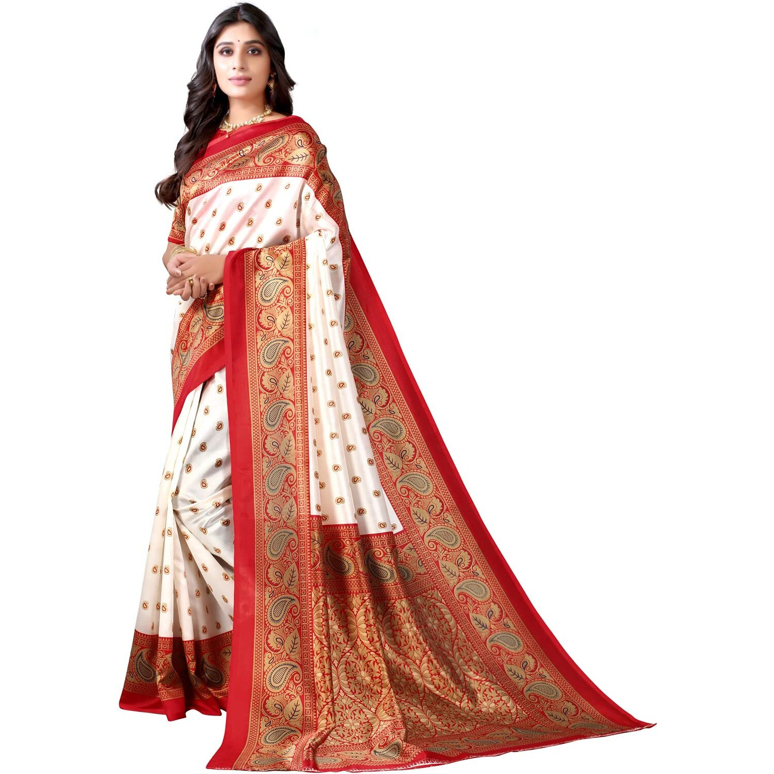 SIRIL Womens Printed Silk Blend Saree with Blouse(2329S781_White & Red)