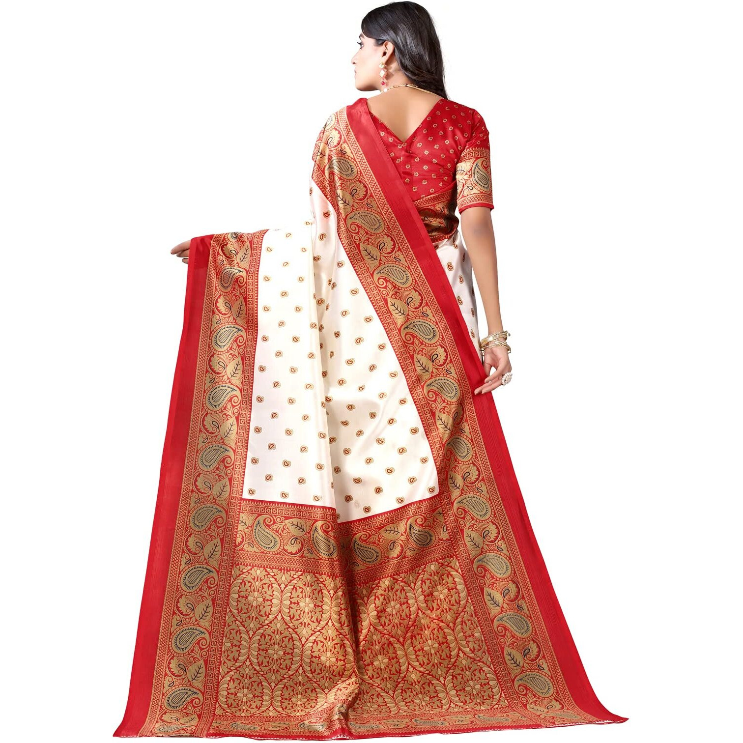 SIRIL Womens Printed Silk Blend Saree with Blouse(2329S781_White & Red)