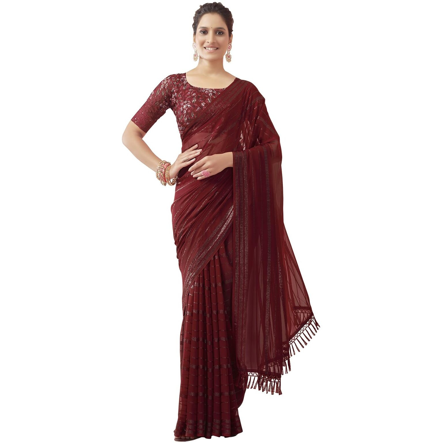 Satrani Womens Pure Georgette Saree (3473S691N_Maroon)