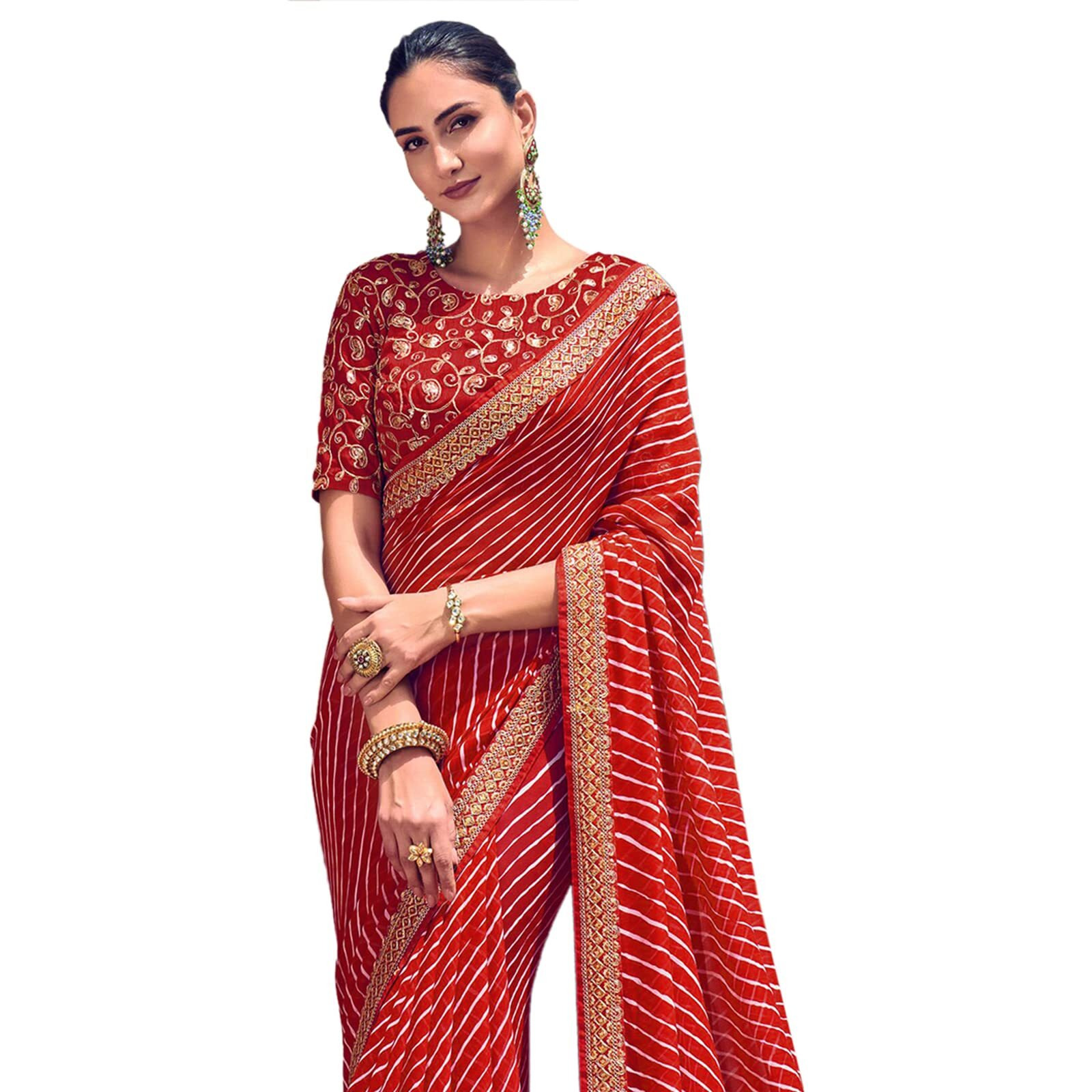 Satrani Womens Knit Pure Georgette Saree (2555S282N_Red)
