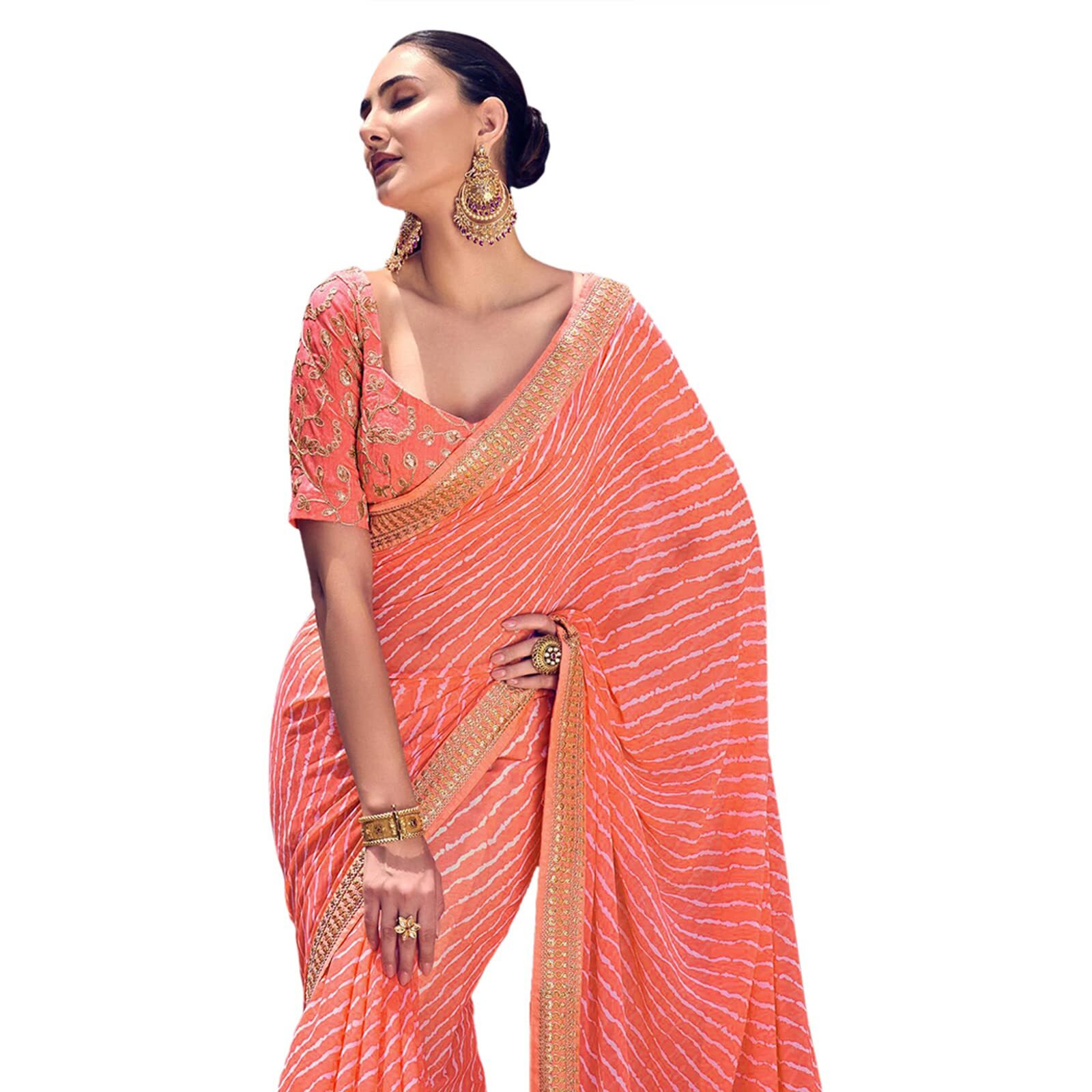 Satrani Womens Knit Pure Georgette Saree (2555S281N_Light Orange)